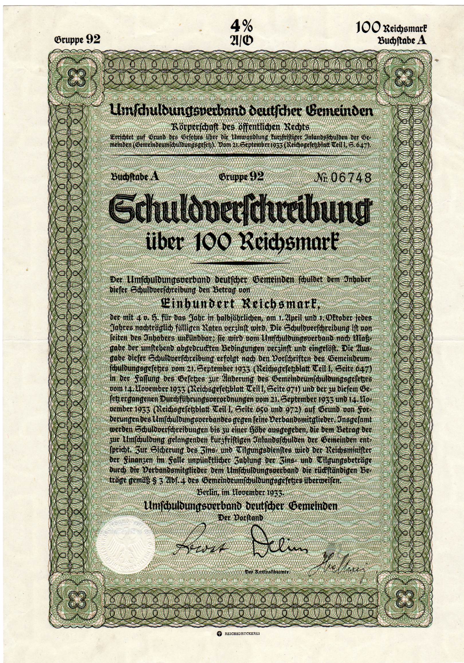 Schuldverschreibung Berlin 1933 100RM A-92 nr 06748/11775 pris pr stk