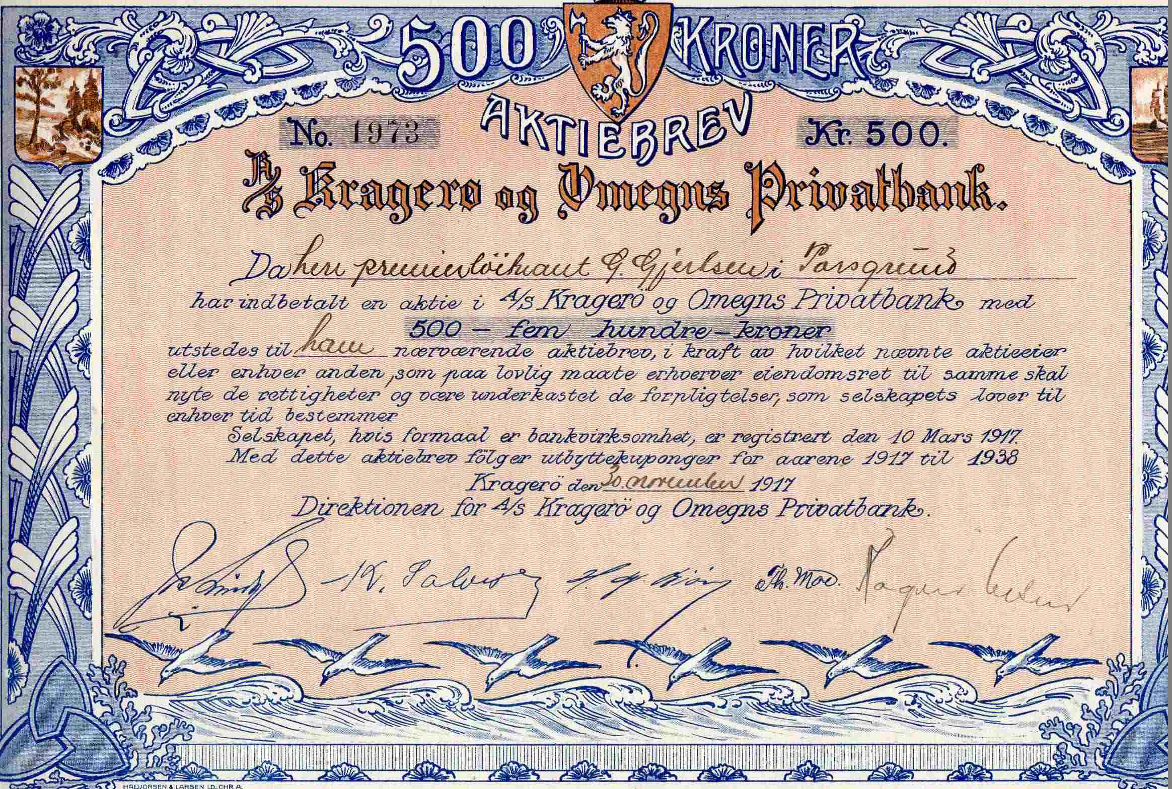 Kragerø og omegns privatbank no 1973 kr 500 Kragerø 1917