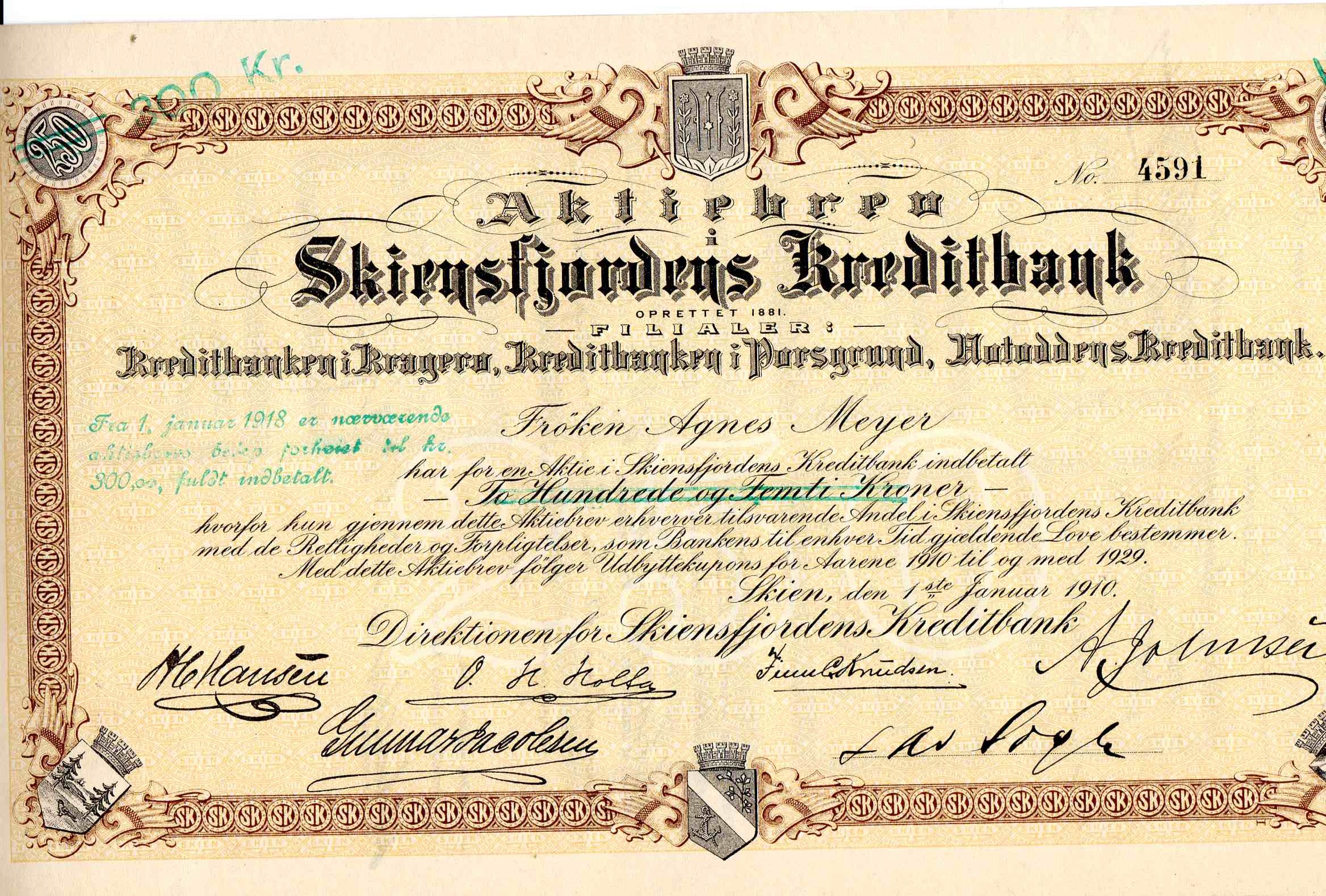 Skiensfjordens kreditbank Finans Skien 1910