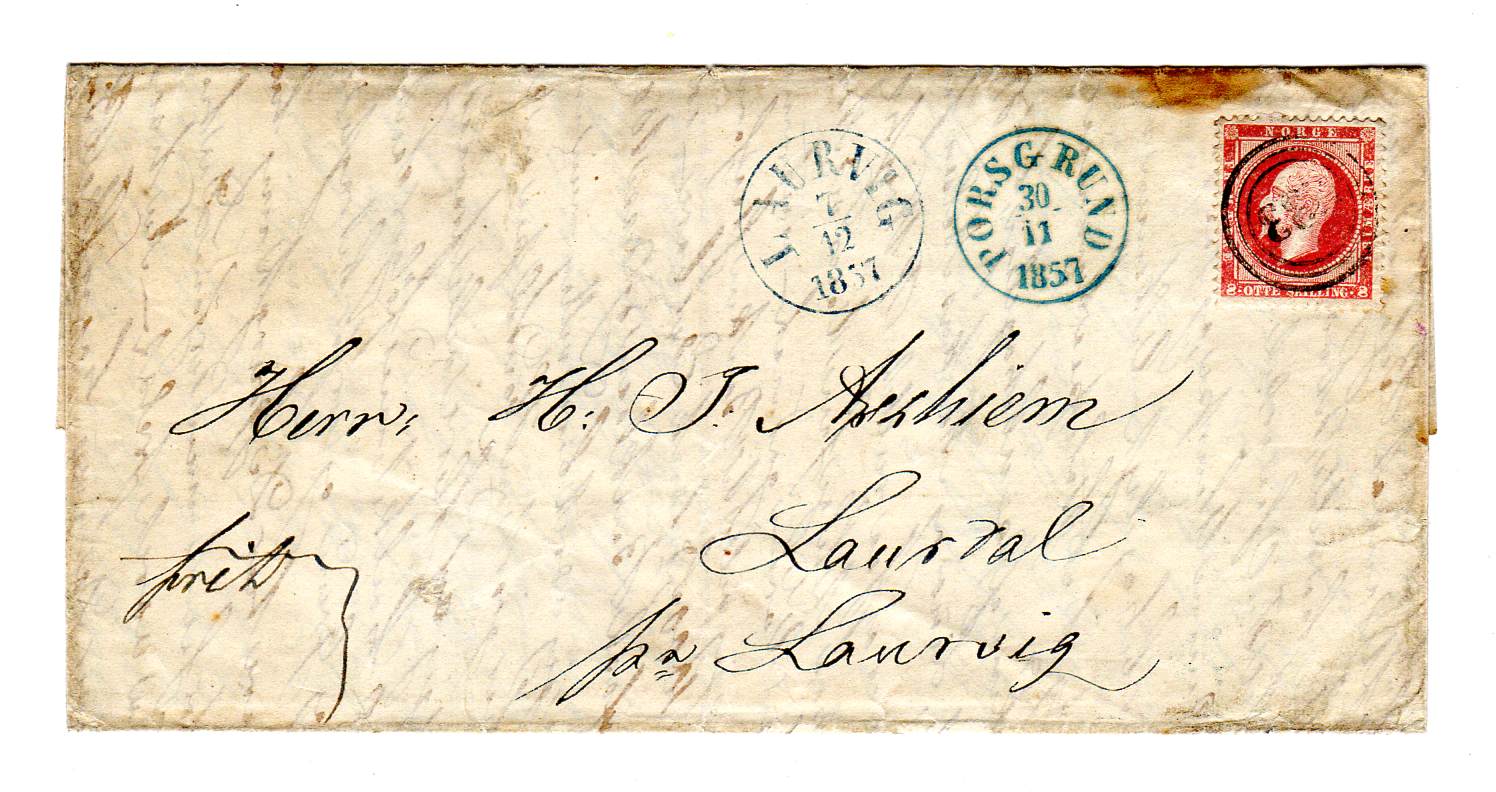 8 skilling Oscar på dobbeltvektig brev st Porsgrund/Laurvig 1857
