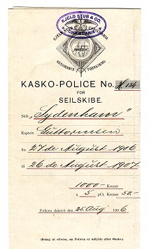 Kasko-police  no 184 for seilskibe "Sydenham" 1906