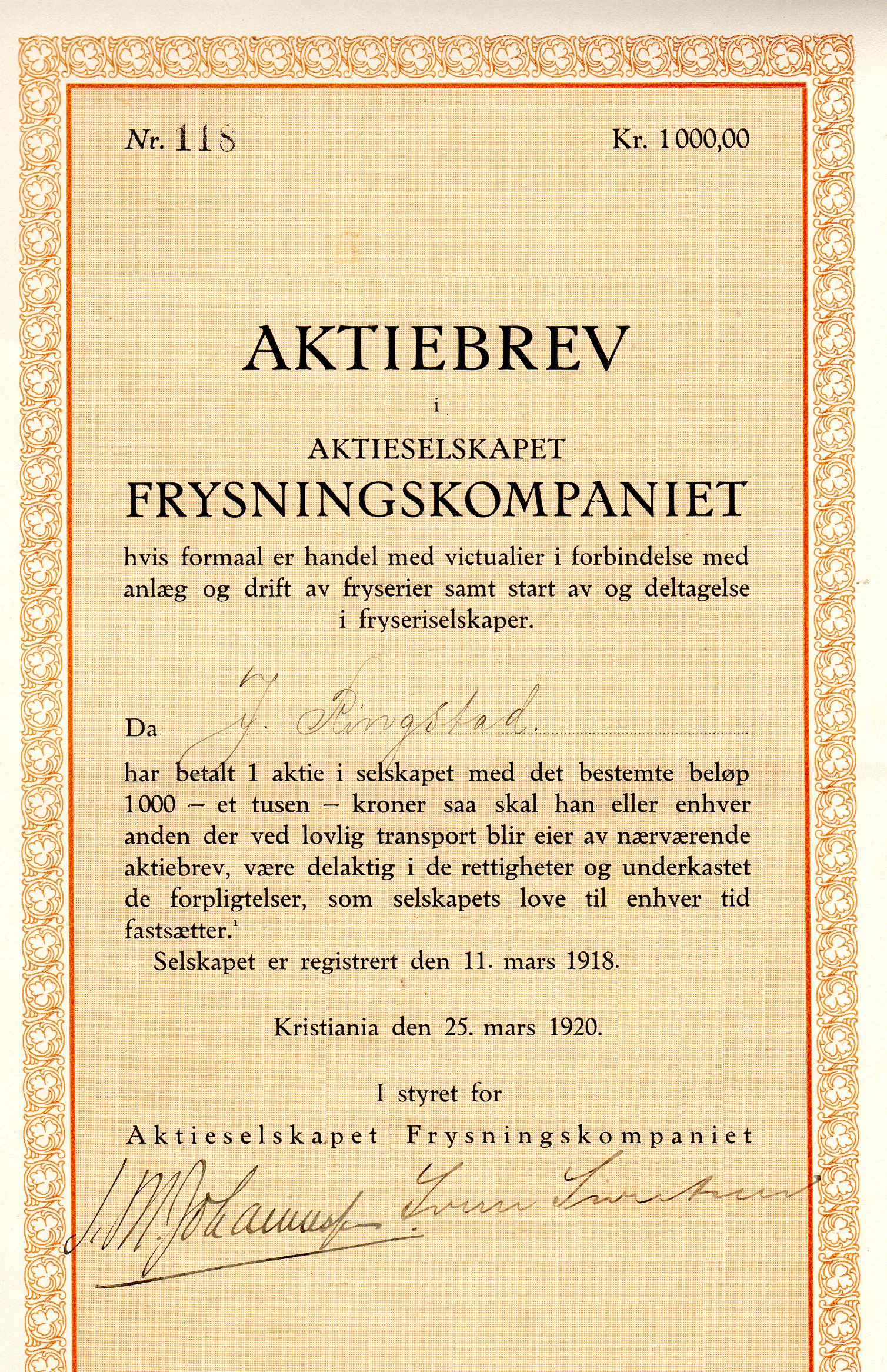 Frysningskompaniet  kristiania 1920 kr 1000 nr 121/118/120 pris pr stk