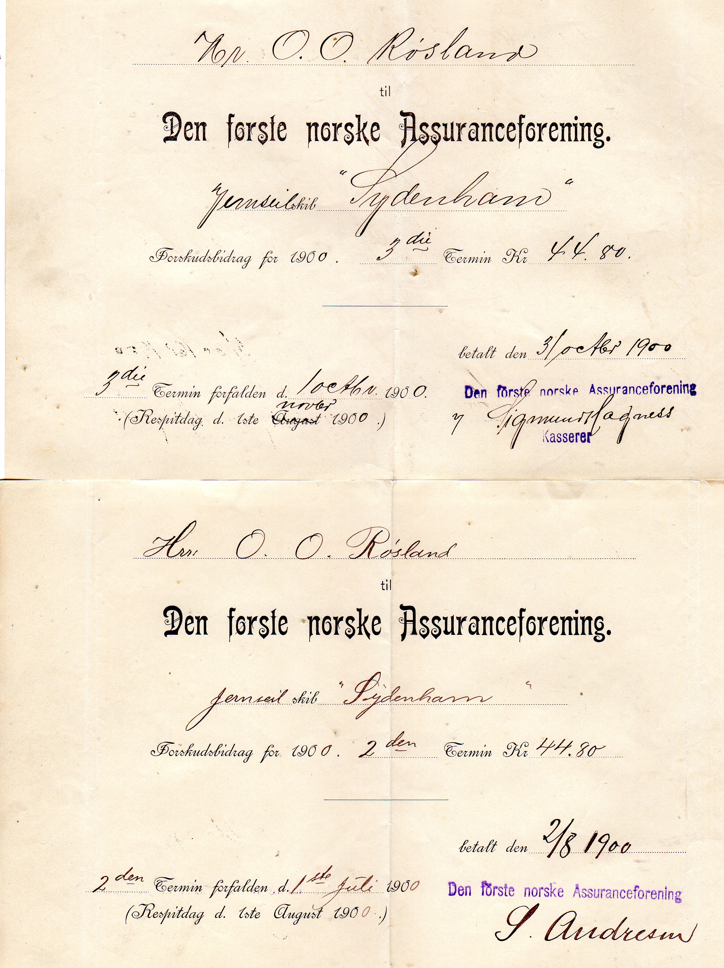 Den første norske assuranseforening Porsgrund 1902 2&3 termin