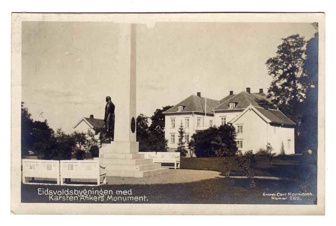 Eidsvoldbygningen med Karsten Ankers monument No; nr 269 st Nordbanerne 1917