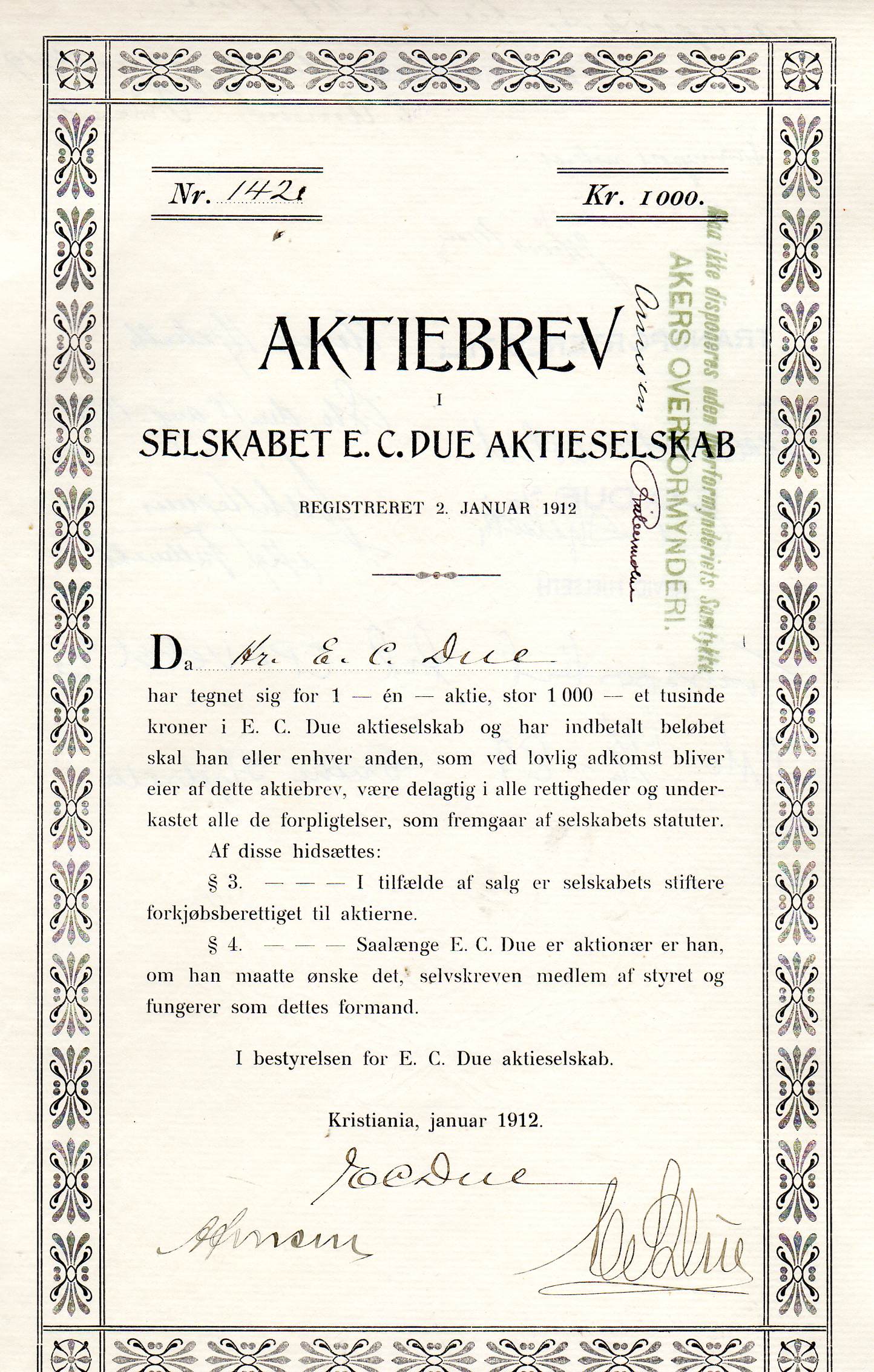 E C Due A/S Kristiania 1912 kr 1000 nr 1421/141/51 pris pr stk