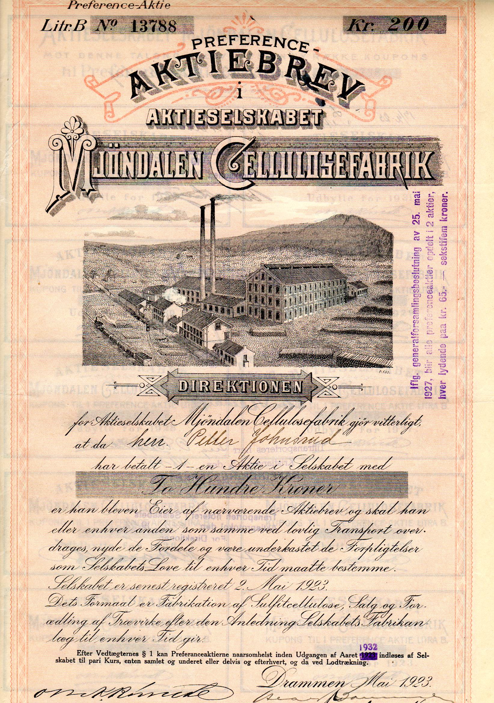 Mjøndalen cellulosefabrikk kr 200  Drammen 1923 nr 13157/13726/13788 pris pr stk