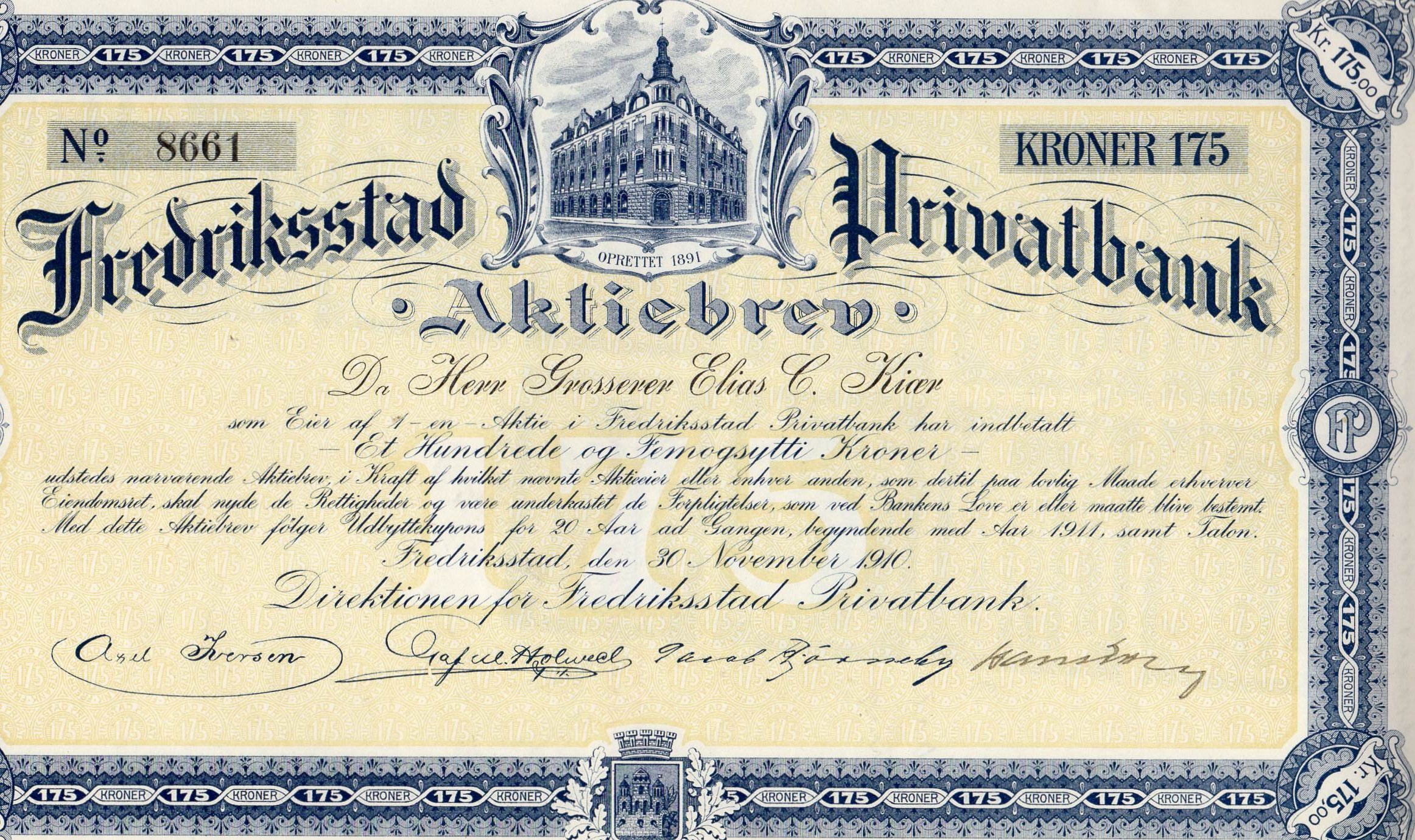 Fredrikstad privatbank kr 175 Fredrikstad 1910 nr 8661/8662/8663/8664/8665 pris pr stk