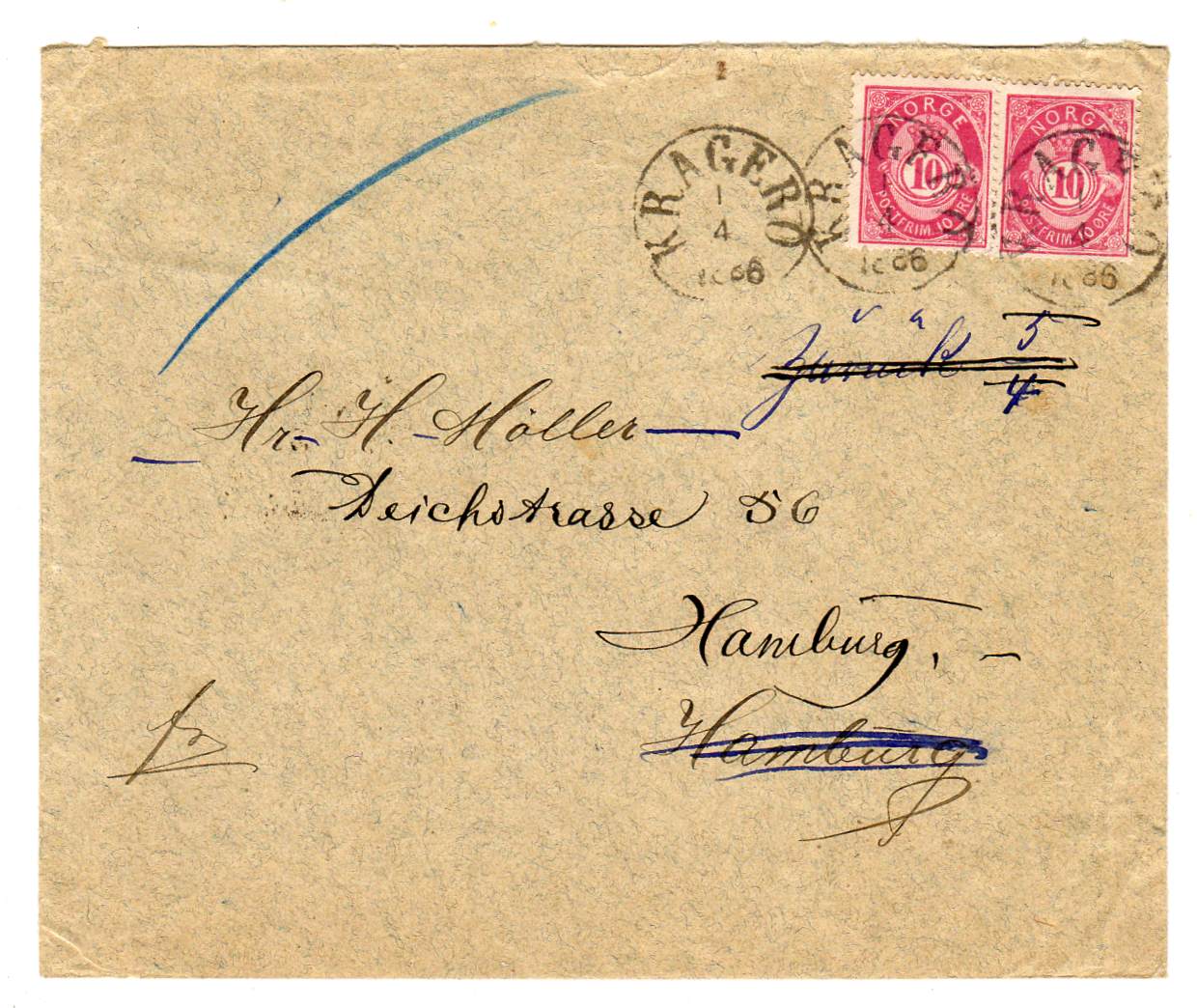 Nk 43*2 på flott brev st Kragerø 1 4 1886 til hamburg Omadressert og påsatt tysk etikett