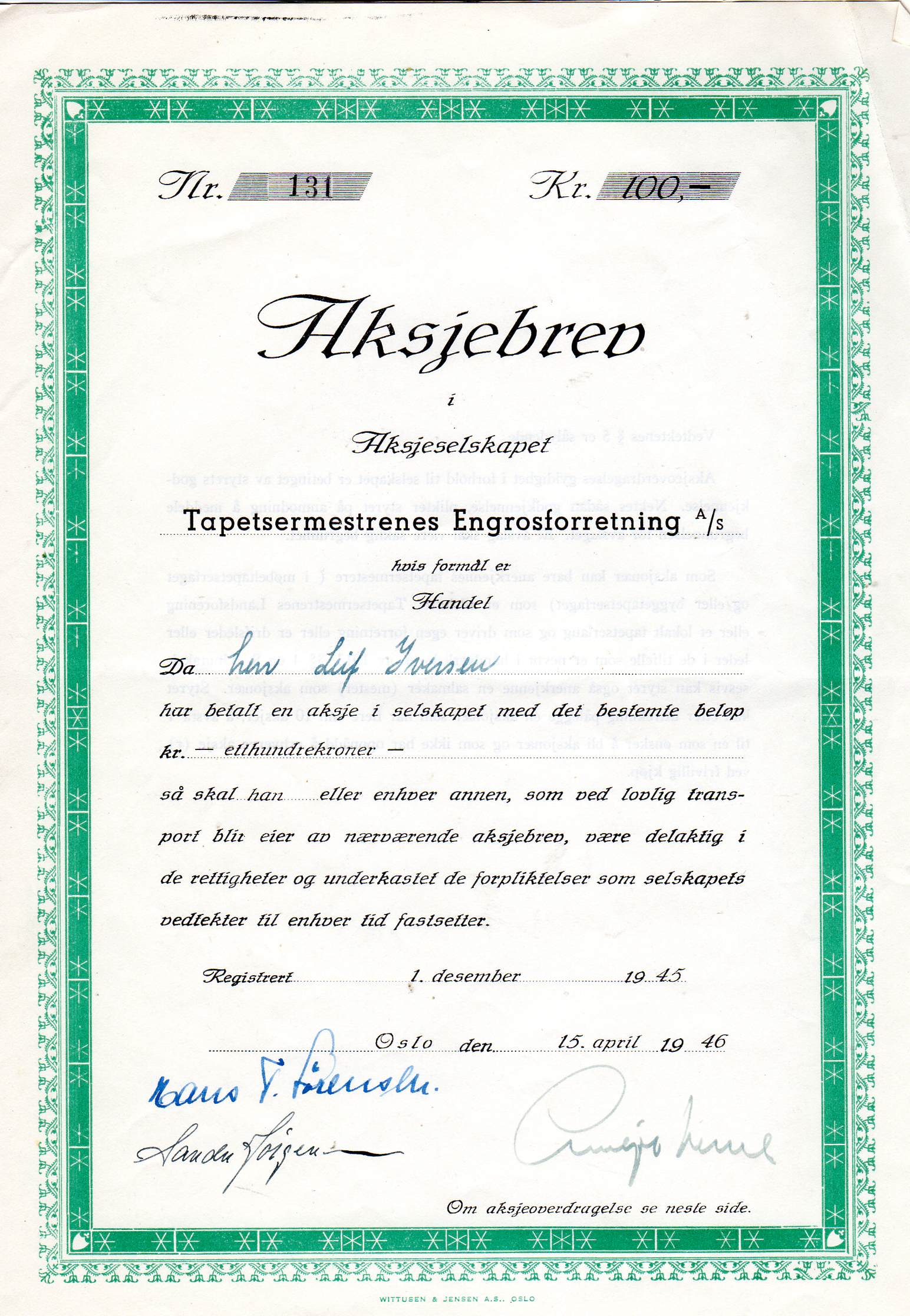 Tapermestrenes Engrosforretning Oslo 1949 kr 100 nr 1439/131/1195 pris pr stk