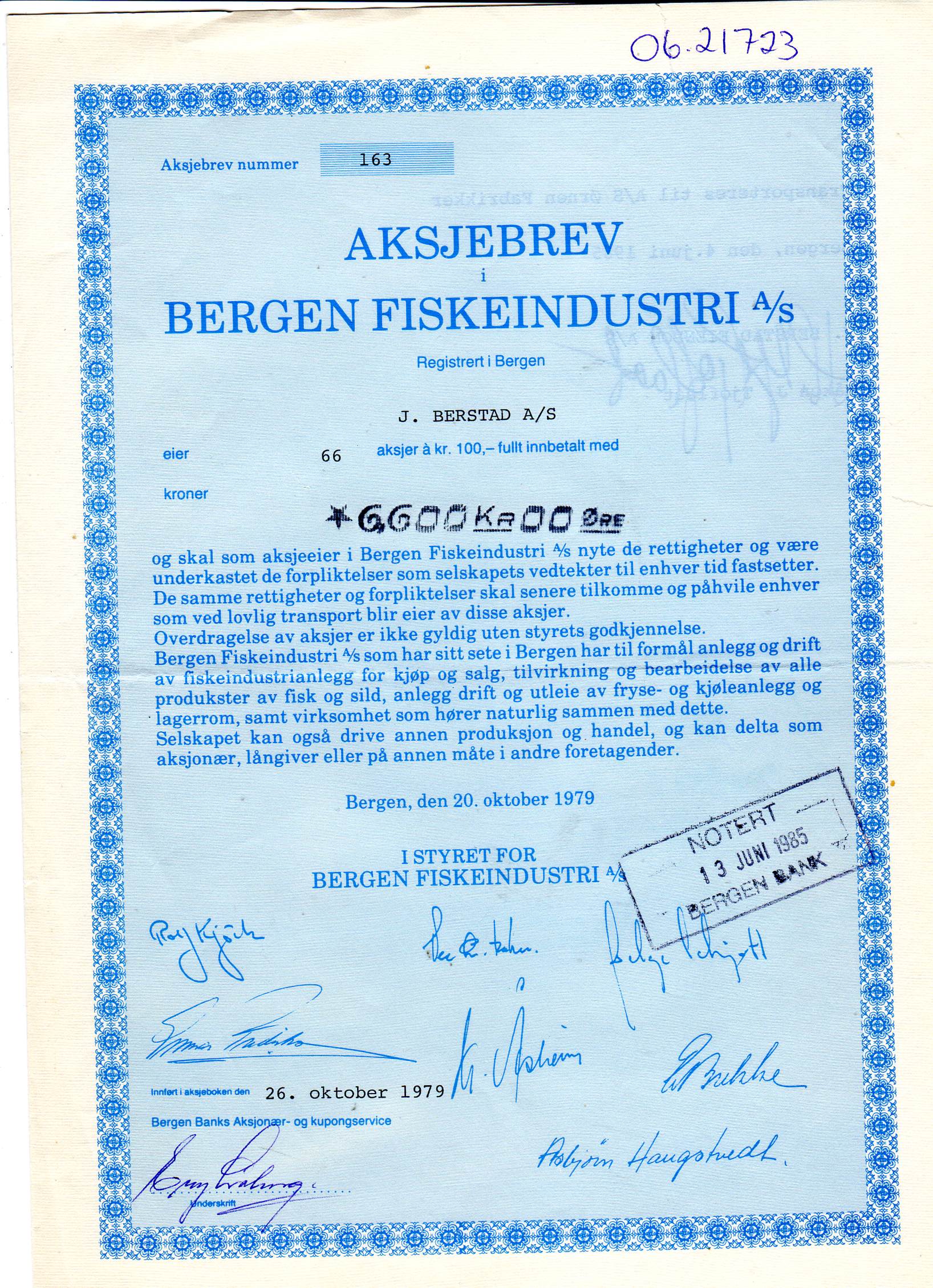Bergen fiskeindustri Bergen 1979 kr 100 nr 100/163/309 pris pr stk