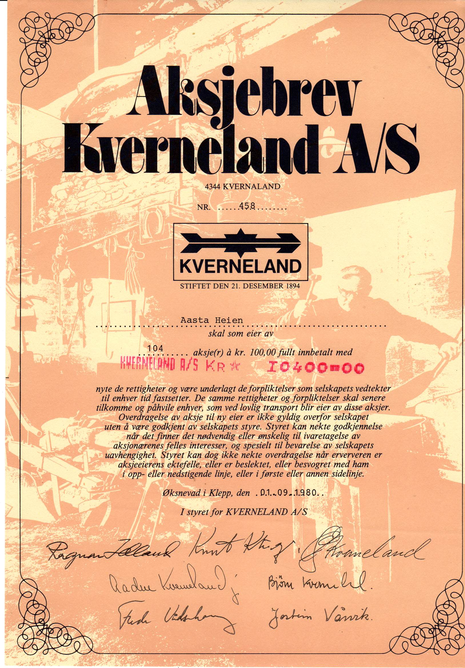 Kverneland AS Klepp 1980 kr 100 nr 458/712/472/477/517/748 pris pr stk