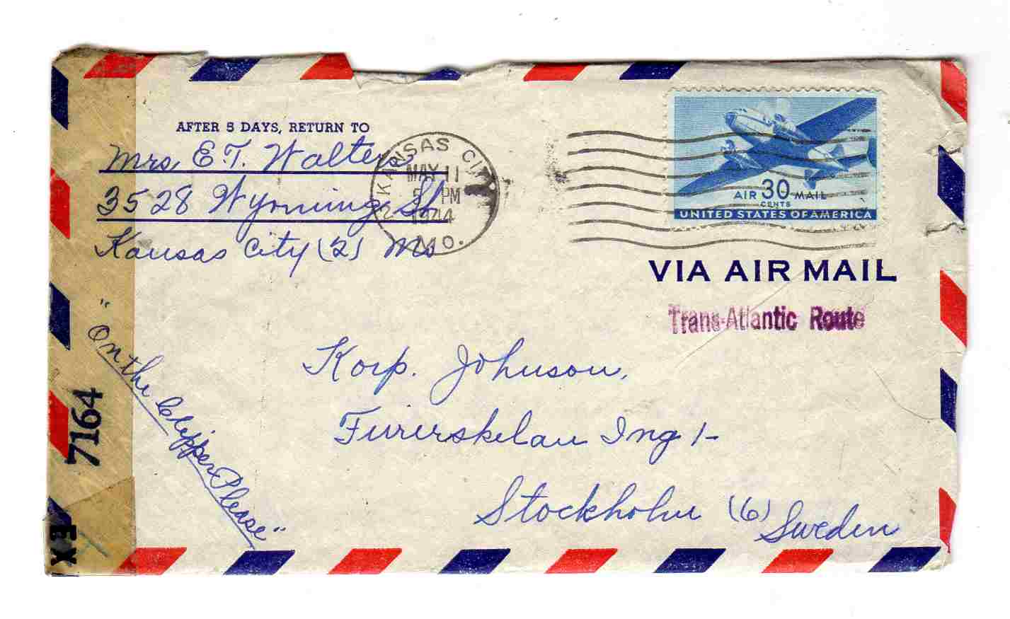 st Kansas 1944 air mail to Sweden med brev 7164 Transatlantic