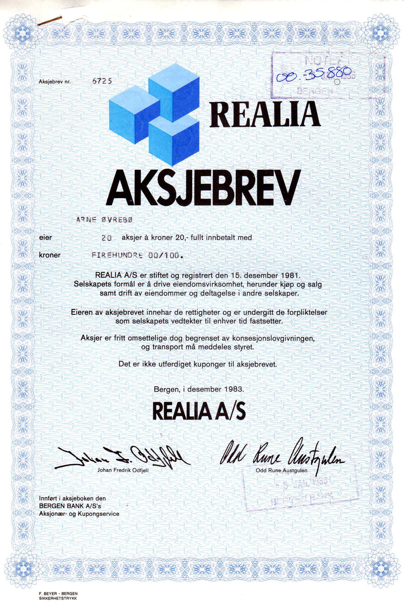 Realia (type1) Bergen 1983 kr 20 nr7957/7821/6725 pris pr stk