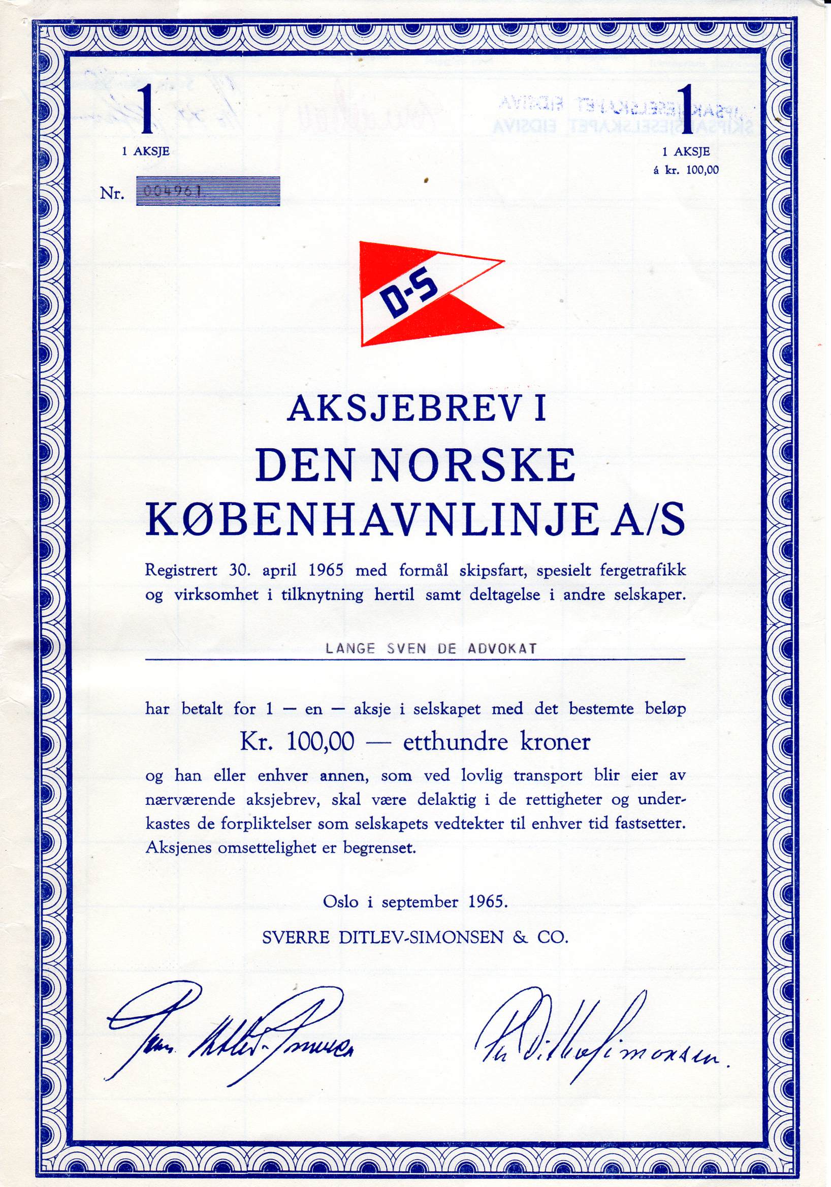 Den norske københavnlinje Oslo 1965 kr 100 nr 020200/040270/004961 pris pr stk