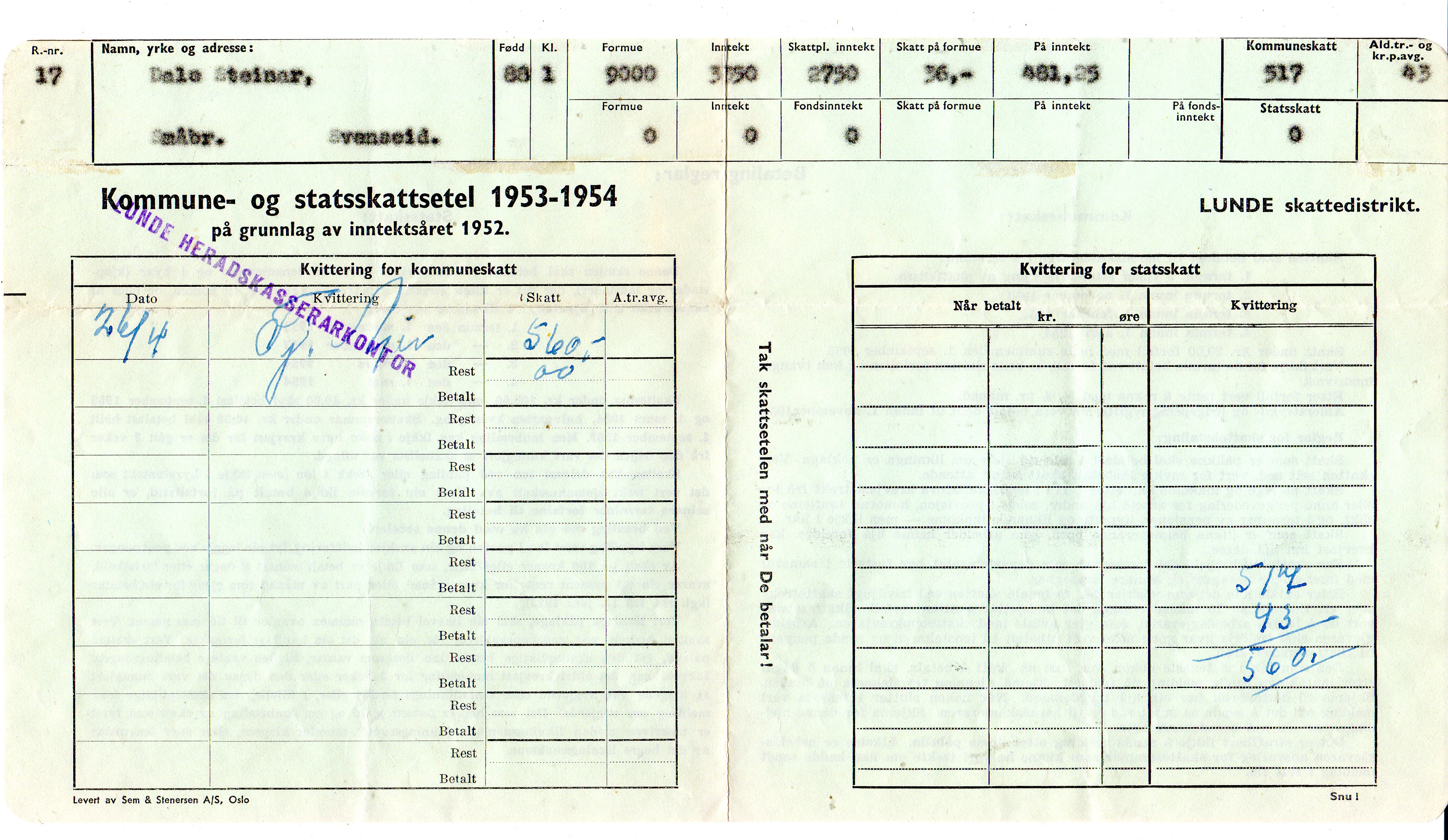 Kommune og skatteseddel 1953/54 Lunde