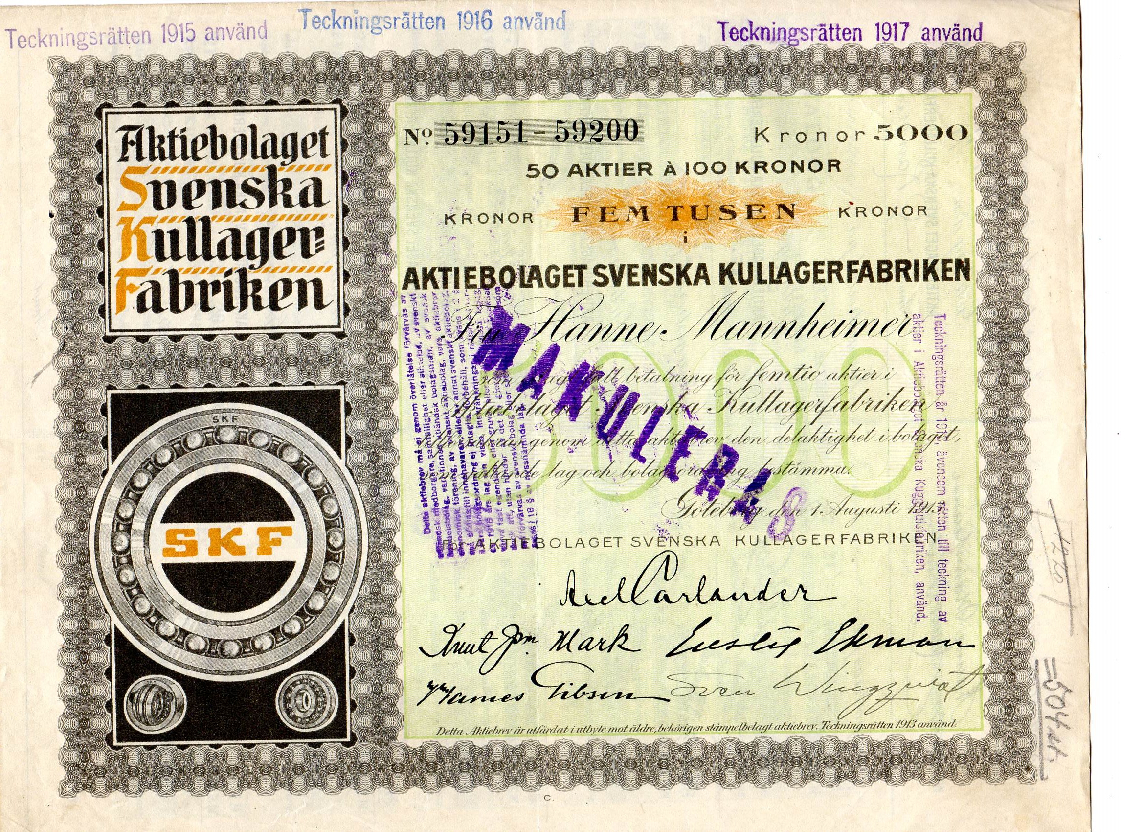 Svenska kullagerfabrikken Gøteborg 1918 kr 5000 nr 59151-59200