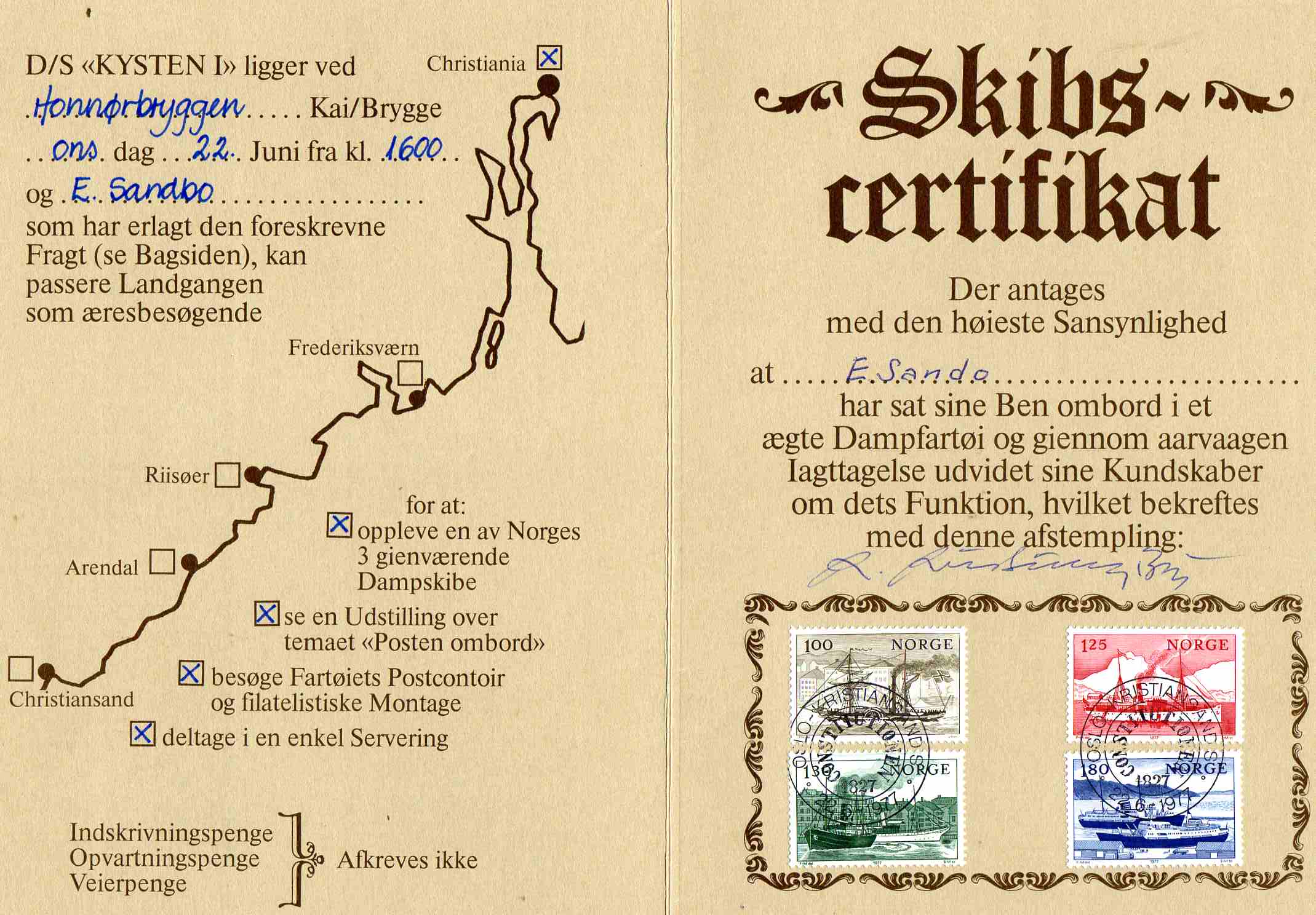 Billett til jubileumstur Christiania-Christiansand med D/S Kysten I i anledning 150 aars jubileet for Norges første dampskib