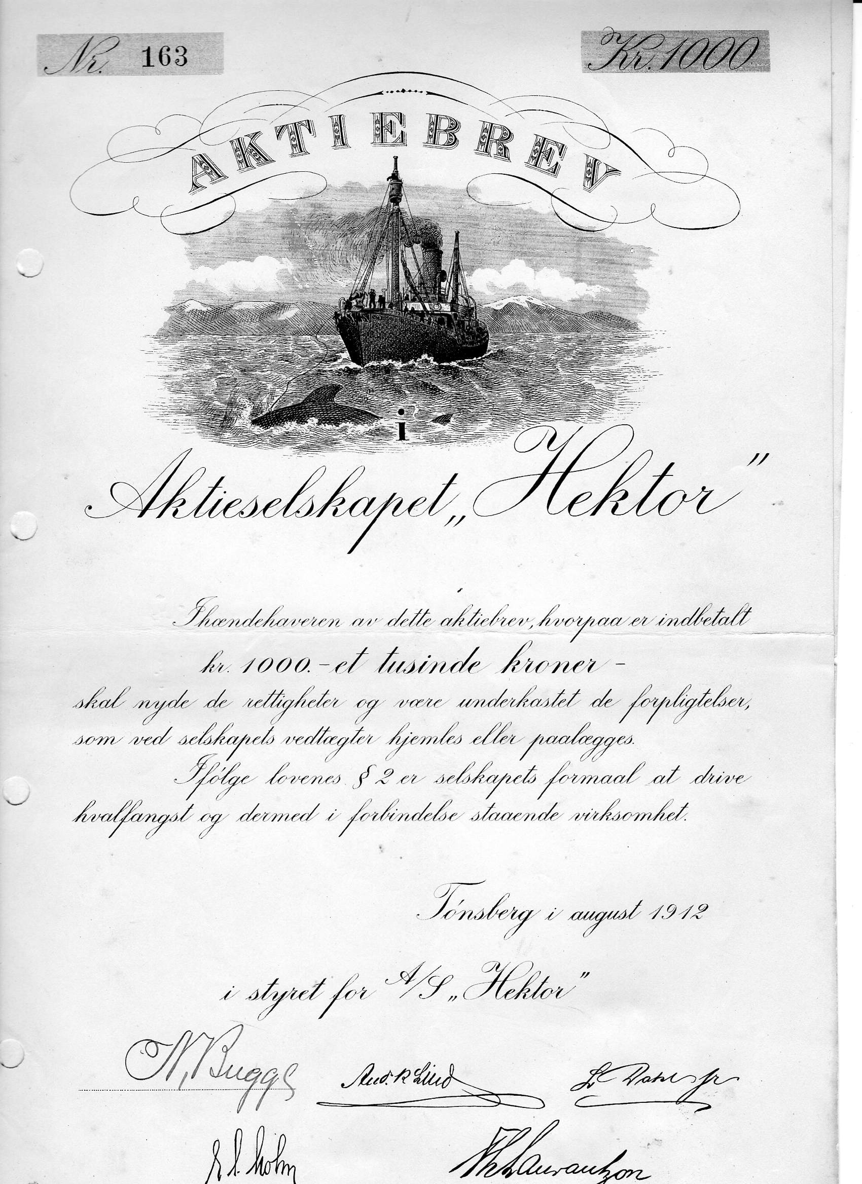 Hektor kr 1000 Tønsberg 1912 nr 109/163/192 pris pr stk