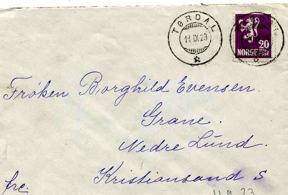 Brev fra Tørdal st.1923 til Kr.sand Bak st Risør Nk127