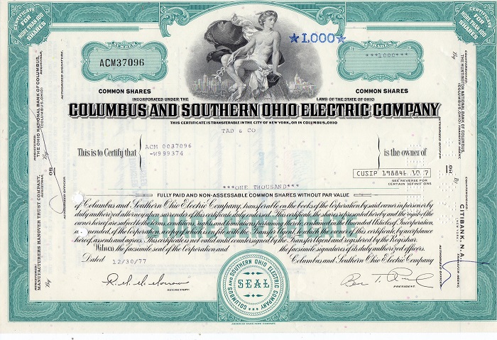 Columbus and southern Ohio company 1000 shares 1977