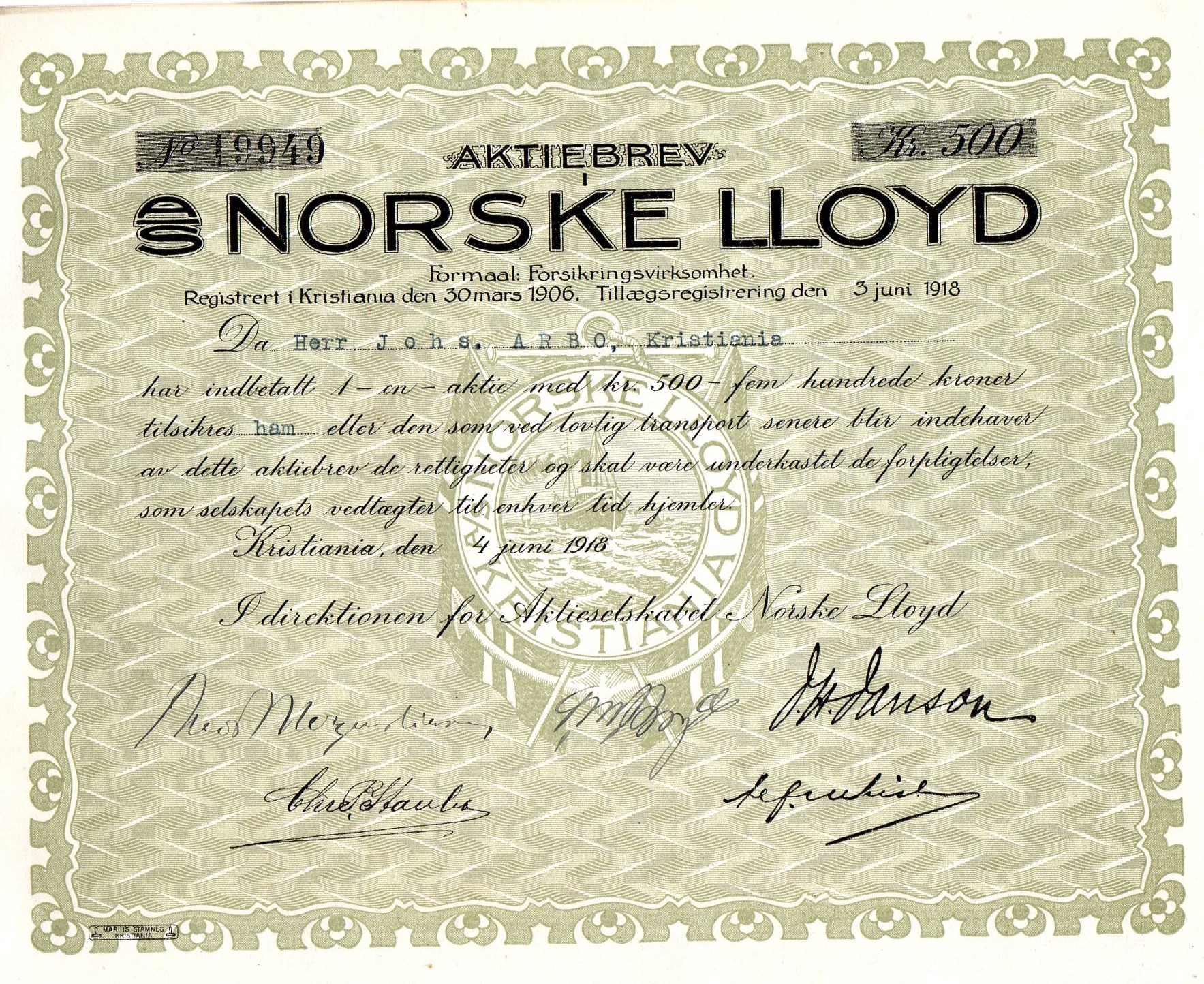 Norske Lloyd kr 500 Kristiania 1918 nr 19949/19953/5003 pris pr stk