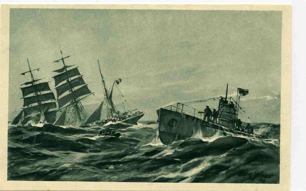 1917 Franzøschische Barke durch deutsches LI boot im Atlantik gesenkt Akvarell Willy støwer