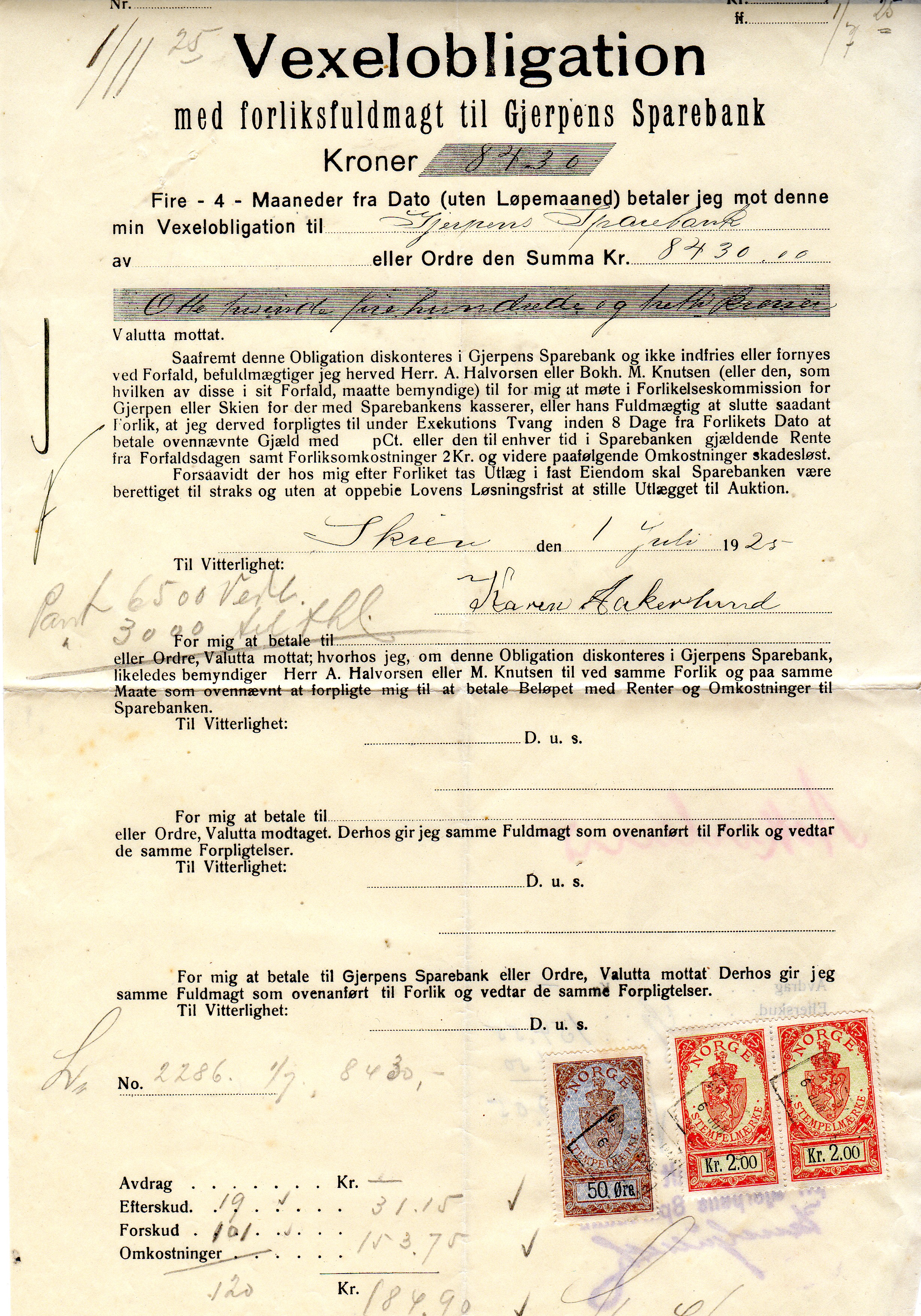 Vexelobligation Gjerpen sparebank nr 14503 1925 med stempelmerker