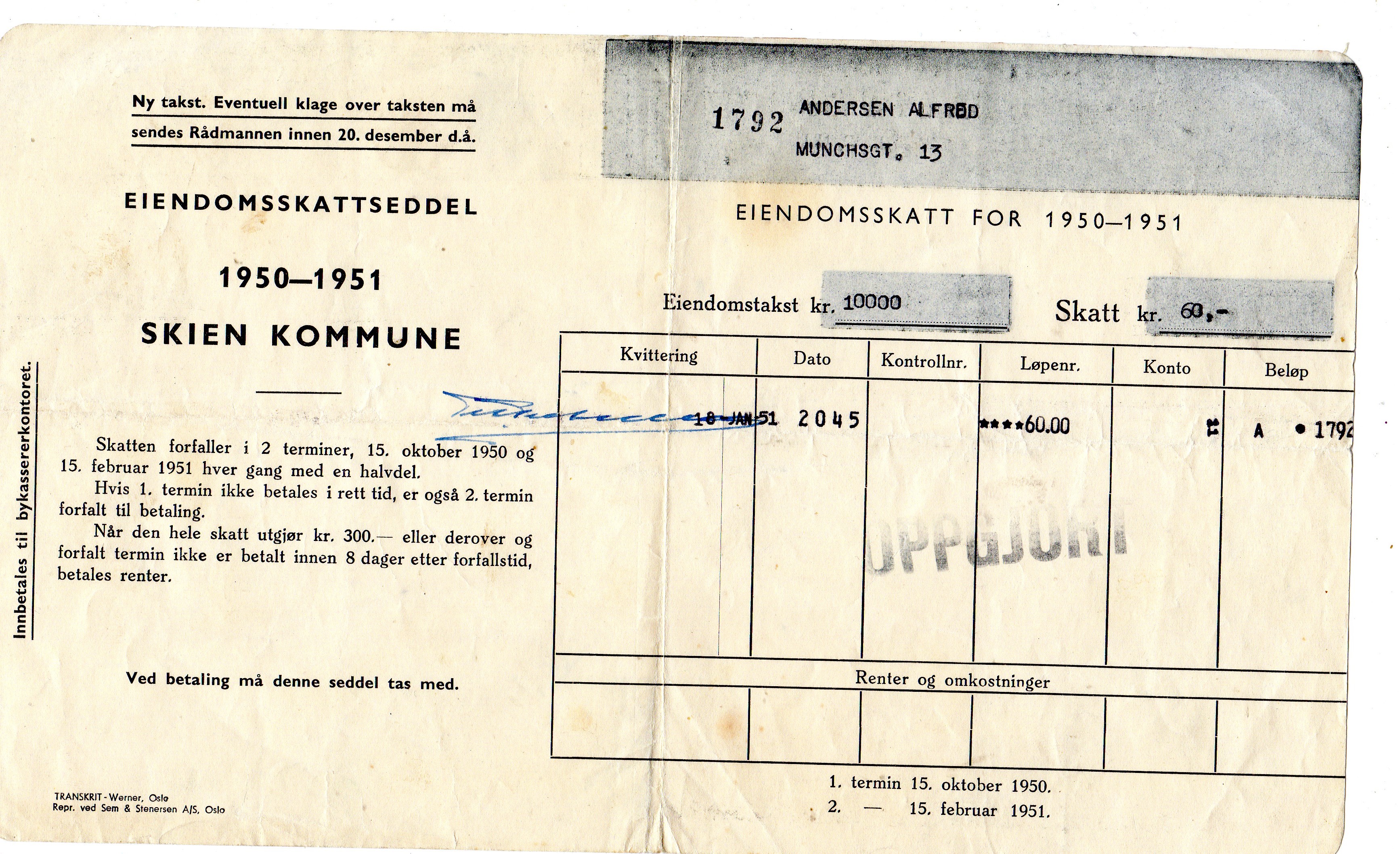 Eiendomsskatteseddel 1950-51