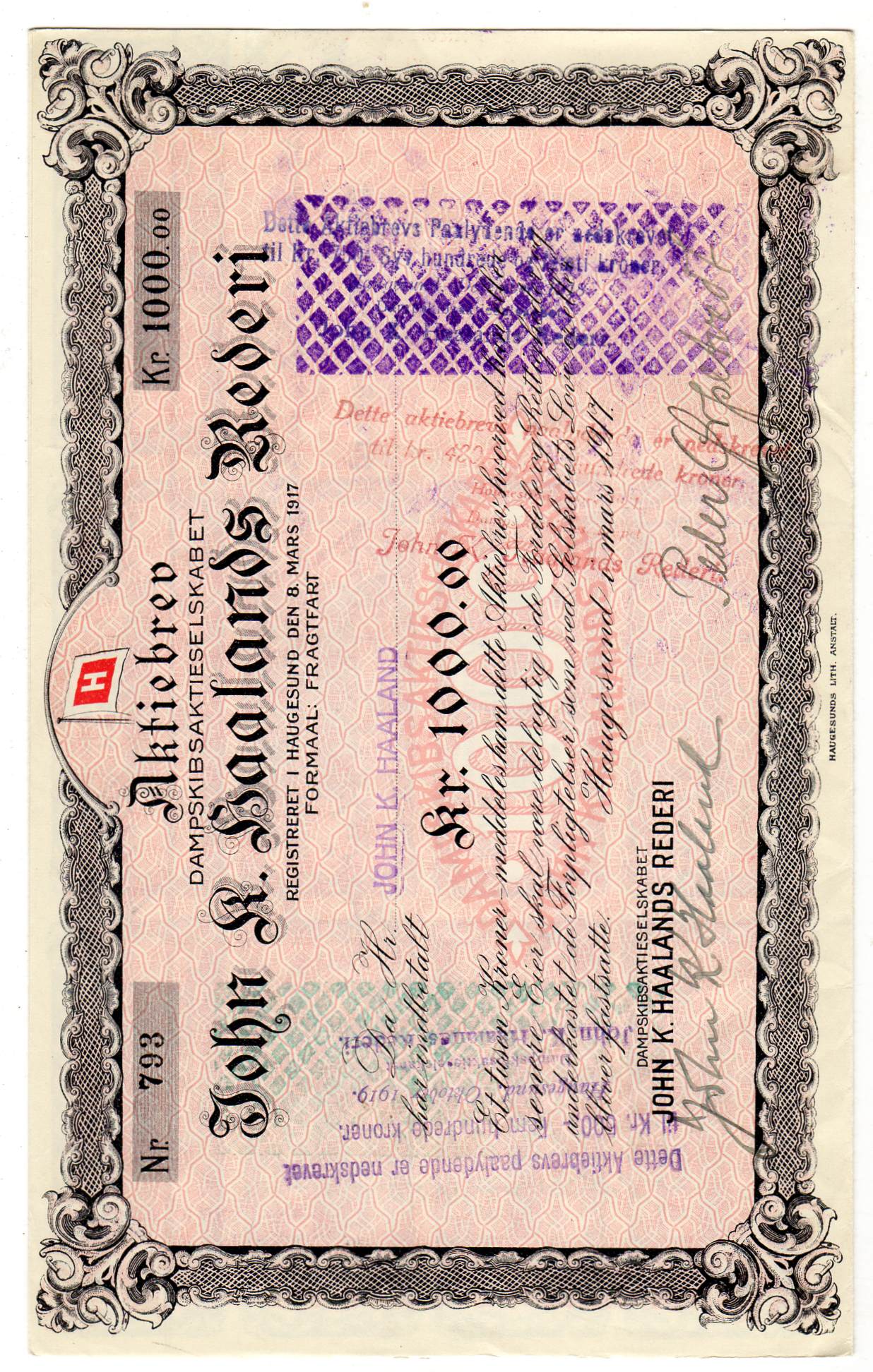 John K Haalands rederi kr 1000 Haugesund 1917 nr 793/794/795 pris pr stk