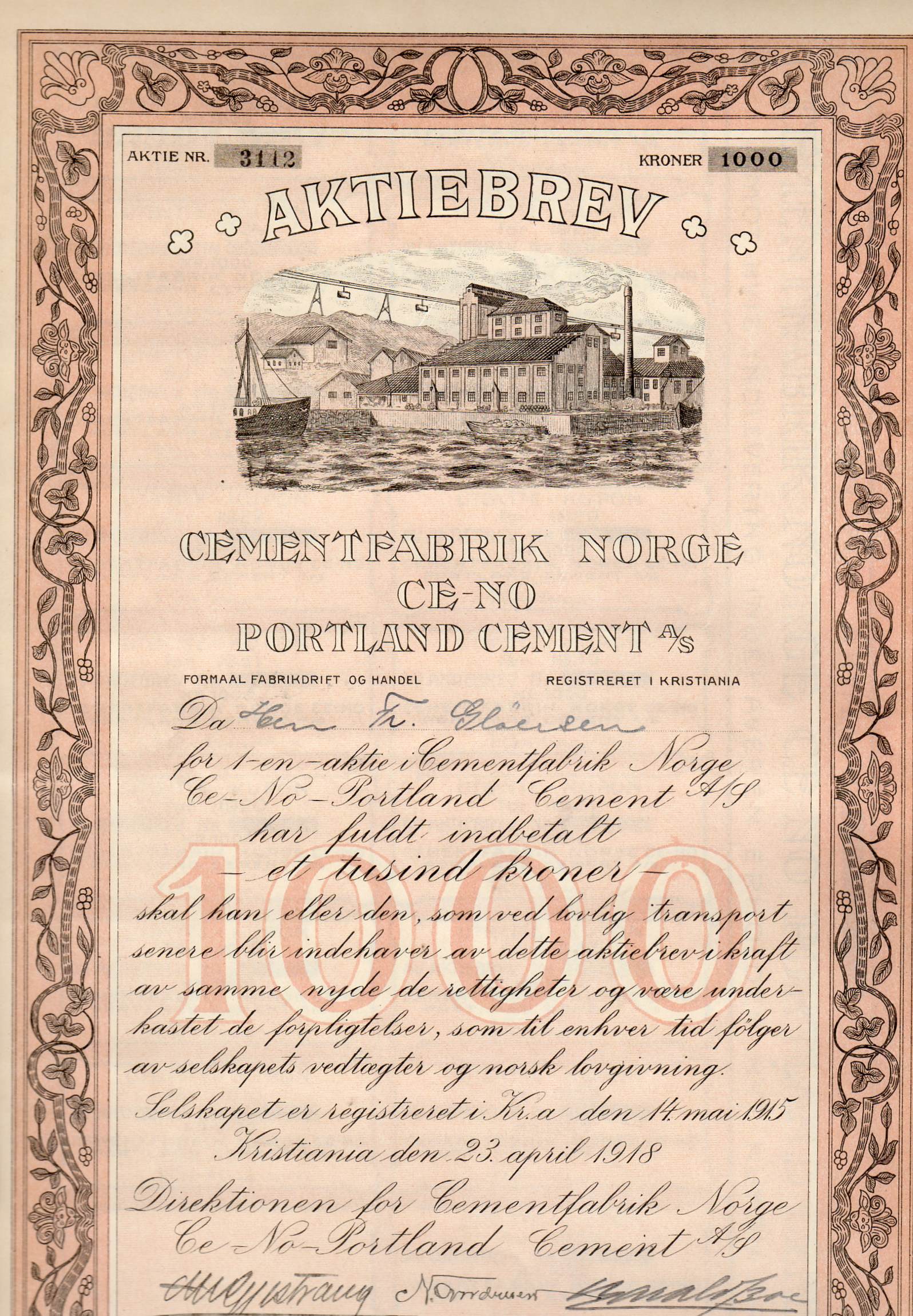 Cementfabrik Norge Portland cement kr 1000 Kristiania 1918 nr 3112