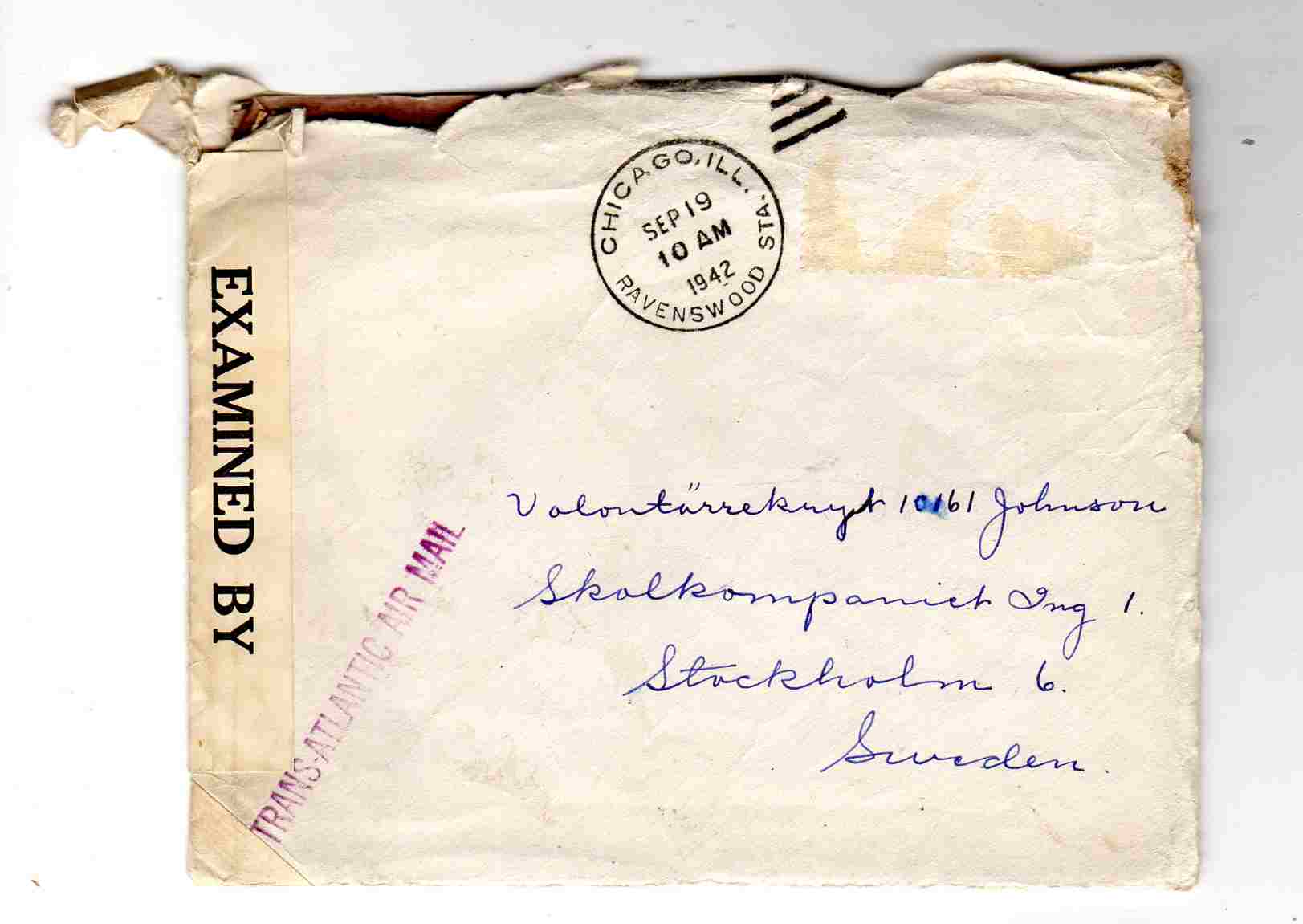 st Chicago to Sweden med brev 1944