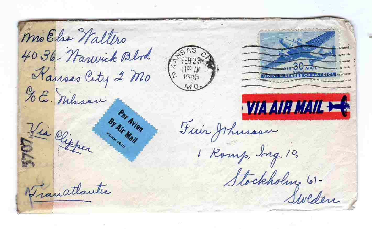 st Kansas city 1945 air mail 5707 med brev