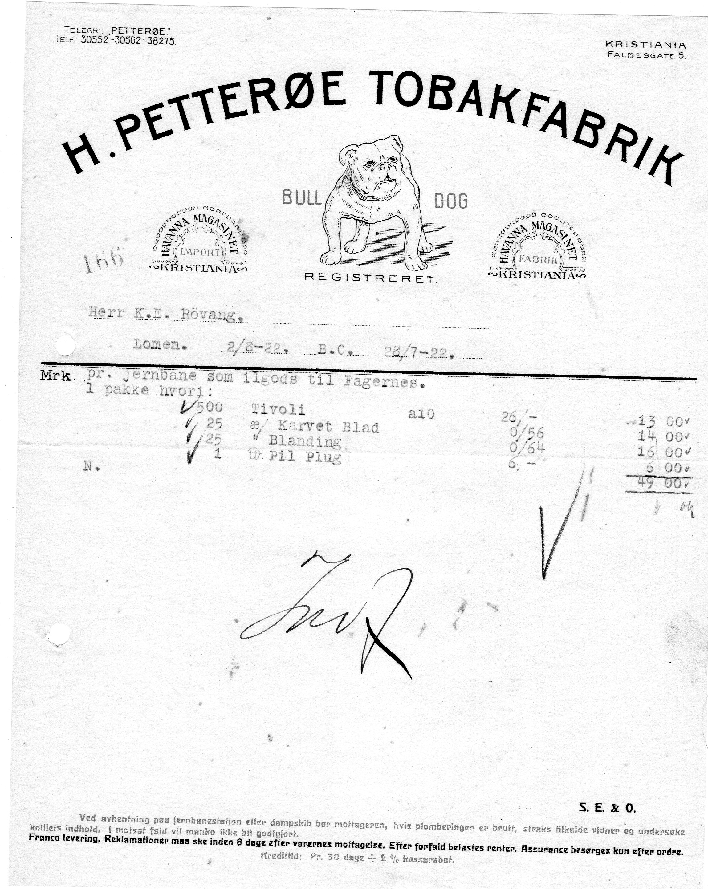 H Petterøe tobak 1925/1922/1922 pris pr stk