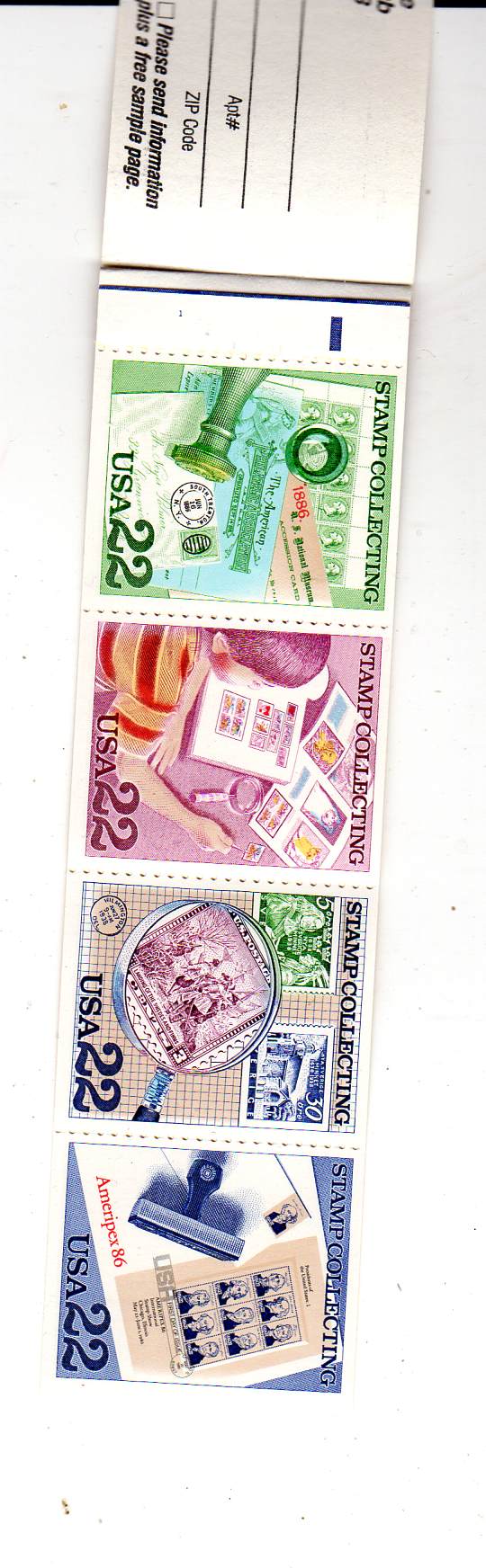 Bilett til frimerkeshow Chicago 1986 med 8 stk 22 cents frimerker