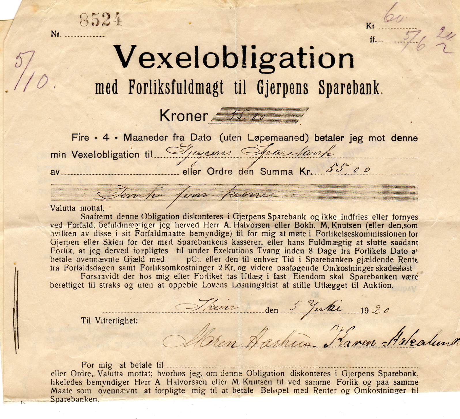 Vexelobligasjon Gjerpen sp bank nr8524   år 1920