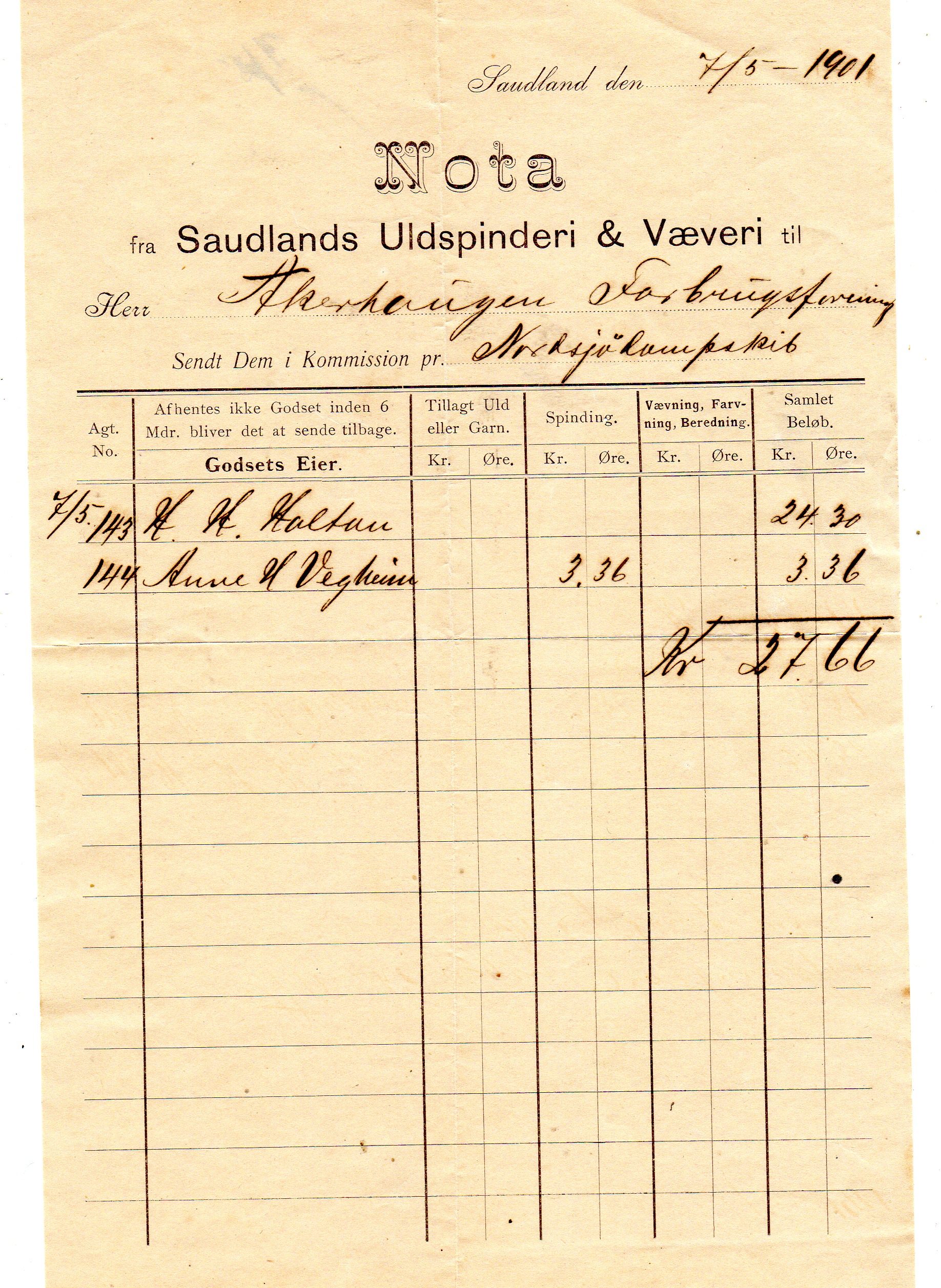 Nota fra Saulands Uldspinderi&væveri  1901