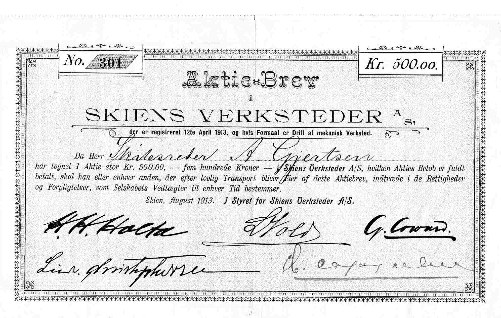 Skiens verksteder A/S no 301 kr 500 Skien 1913