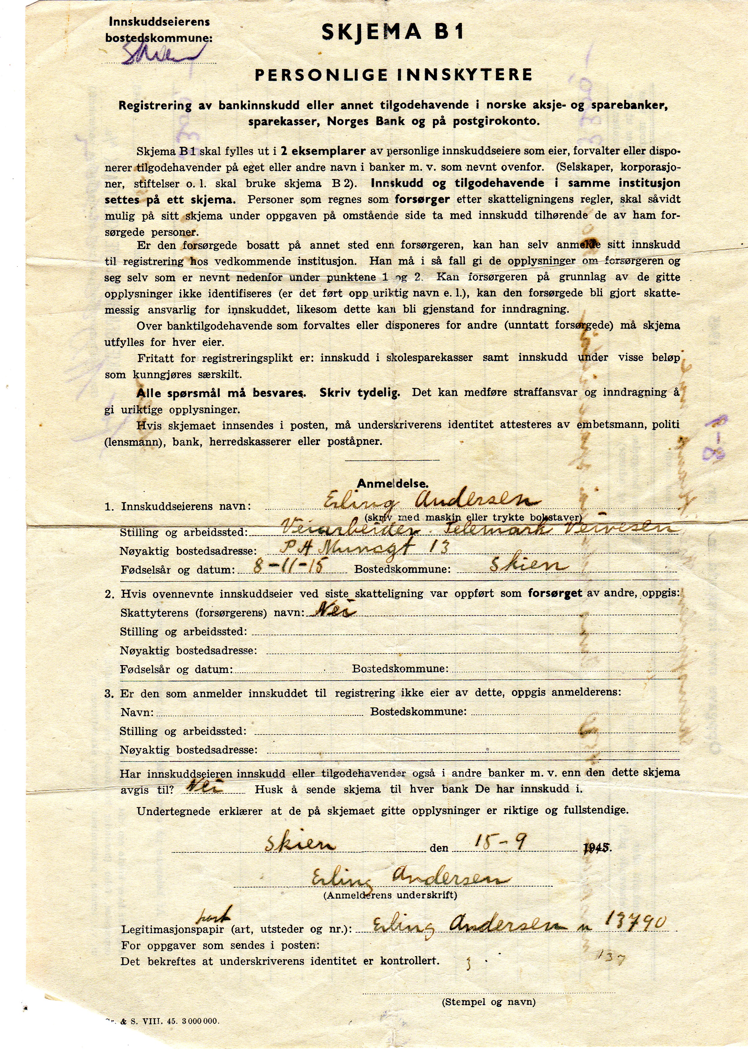 Skjema B1 Personlige innskytere  1945 3300 i Skiensfjordens kredittbank
