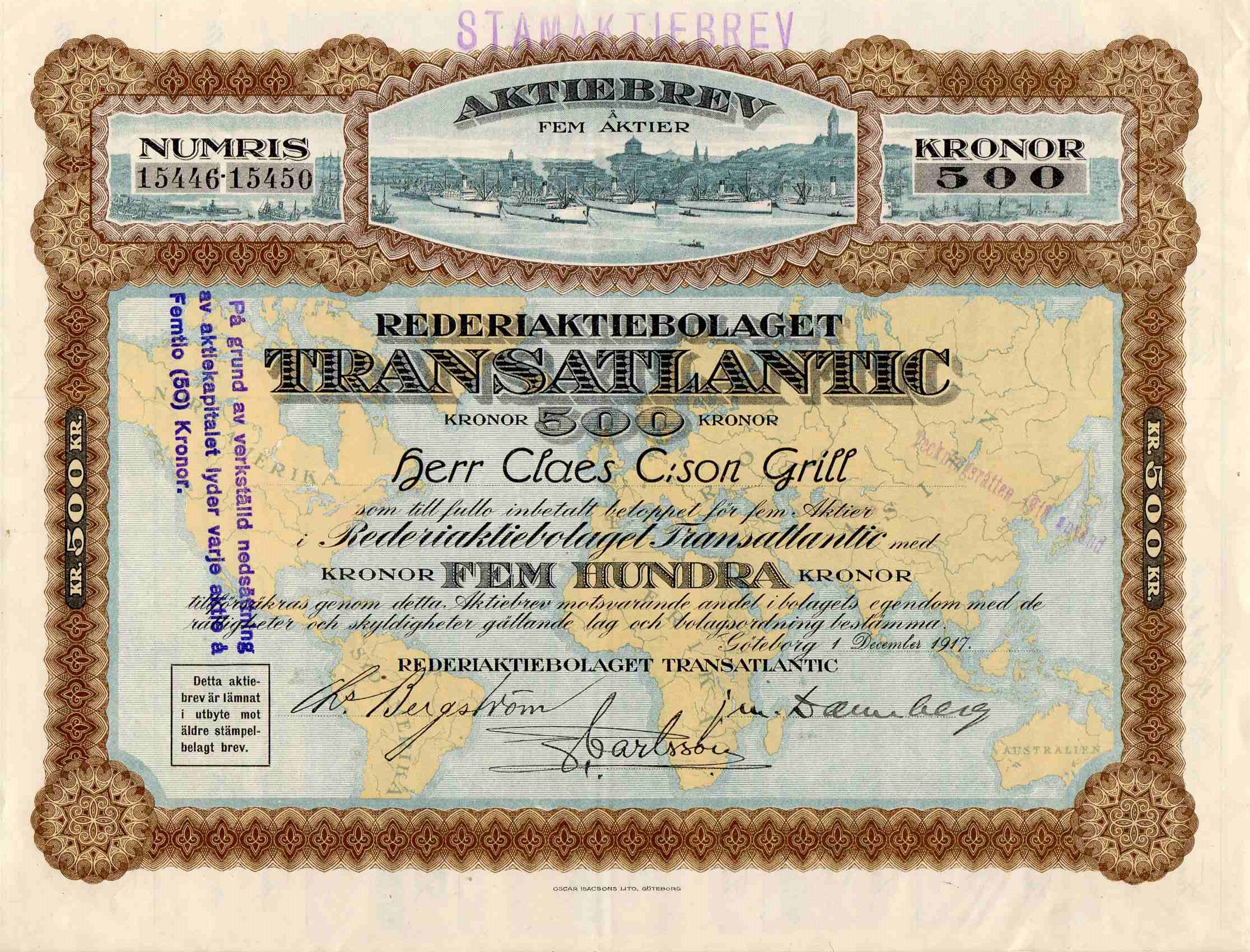 Transatlantic Gøteborg 15446-50 1917 kr 500