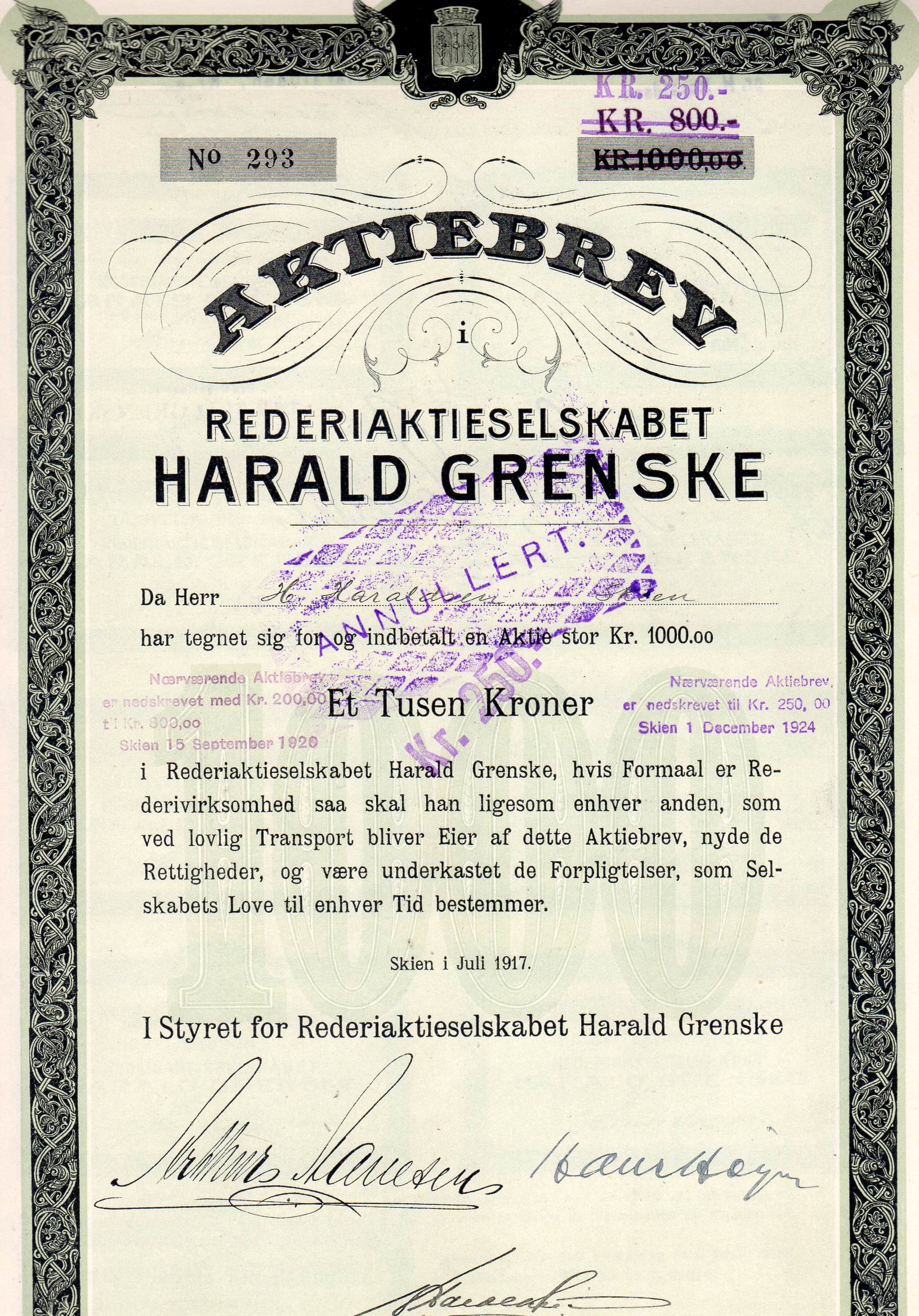 SHI Harald Grenske Skien 1917 kr 1000 nr 294,293&292 pris pr stk 250