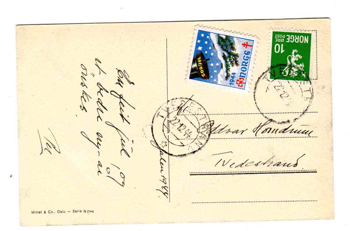 Julen 1944 st Tvedestrand 1944 Mi;serie N 2743 G Schumann