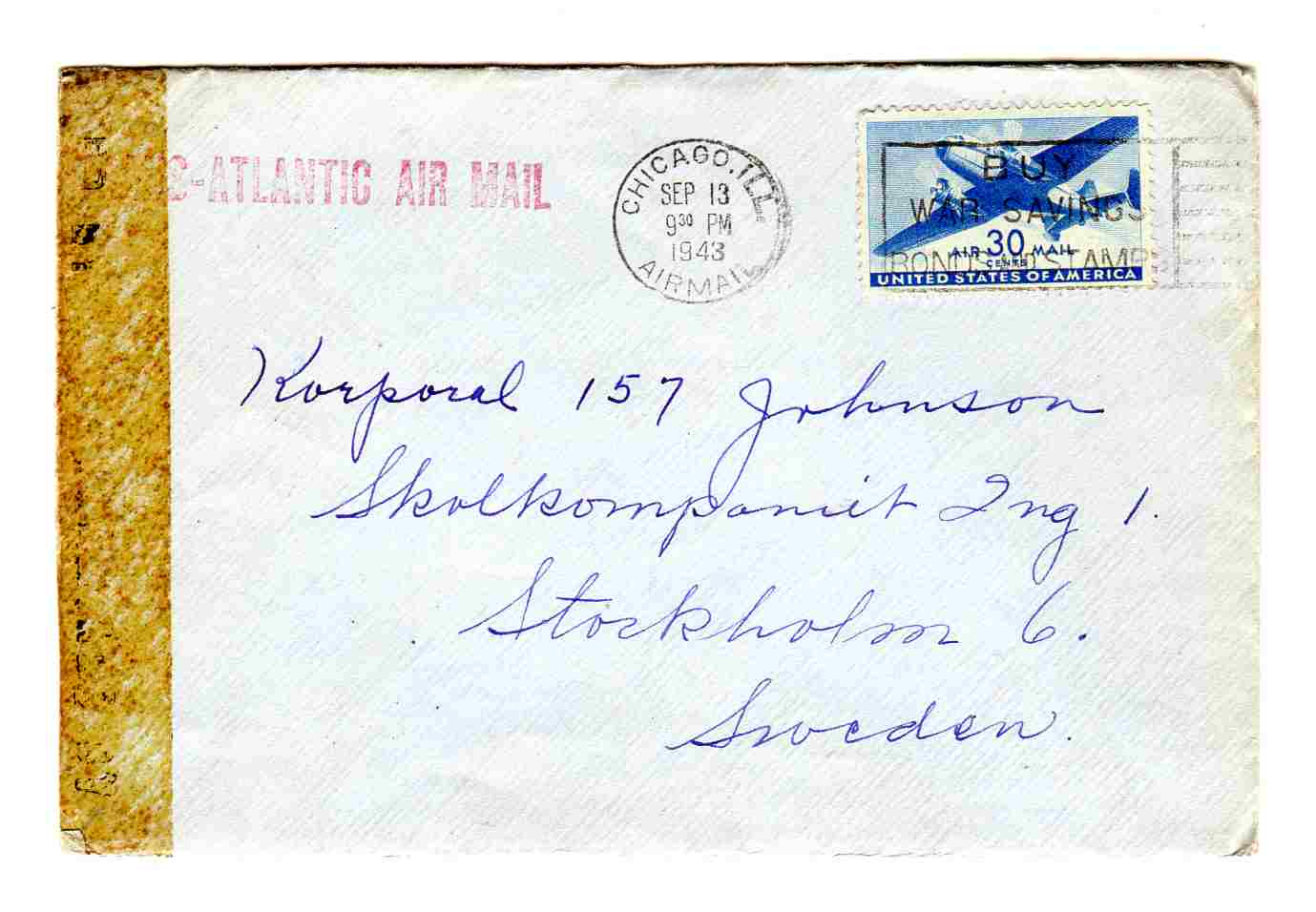 st Chicago 1943 to Sweden med brev Transatlantic