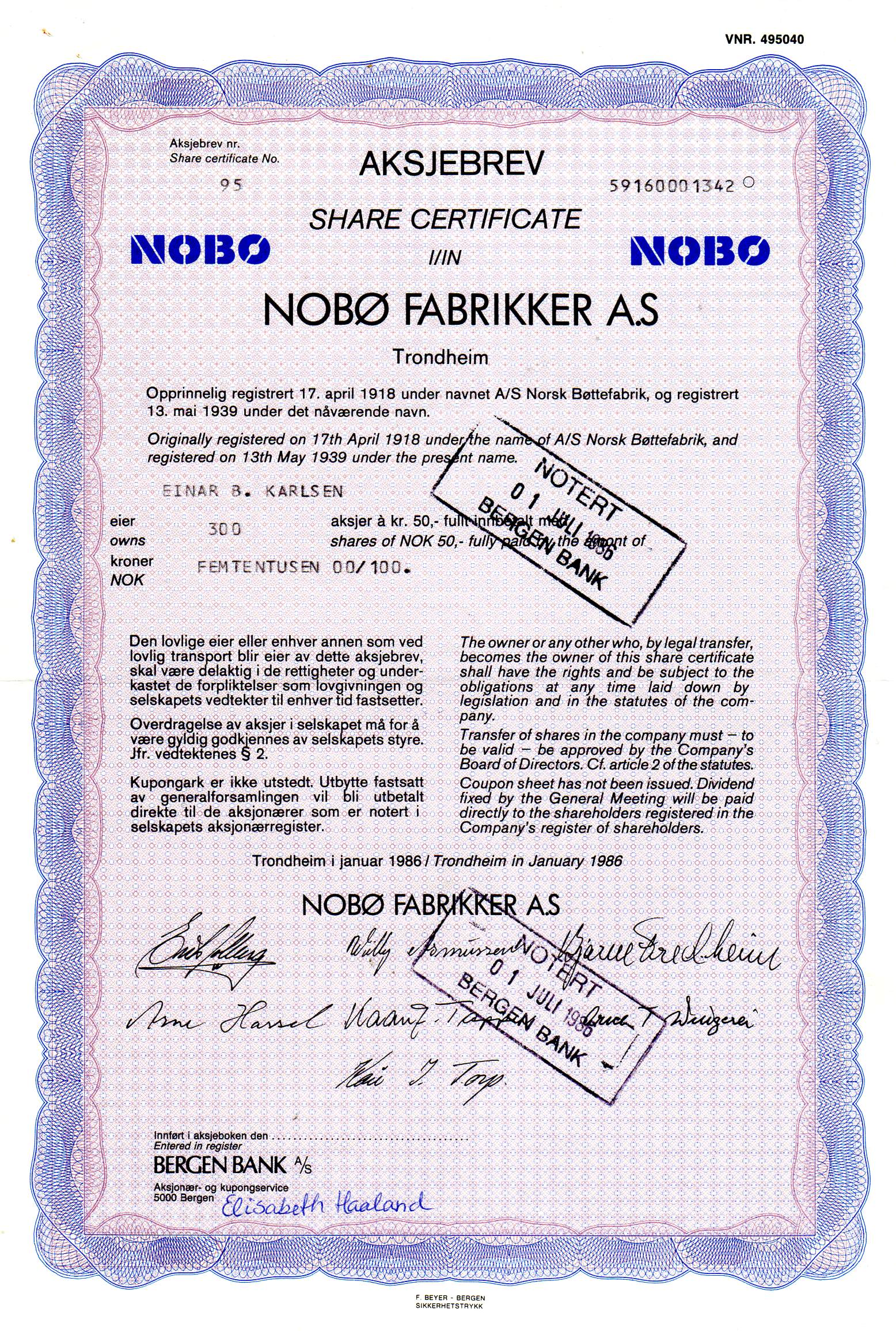Nobø fabrikker Trondheim 1986 kr 50 nr 1615/14/95 pris pr stk