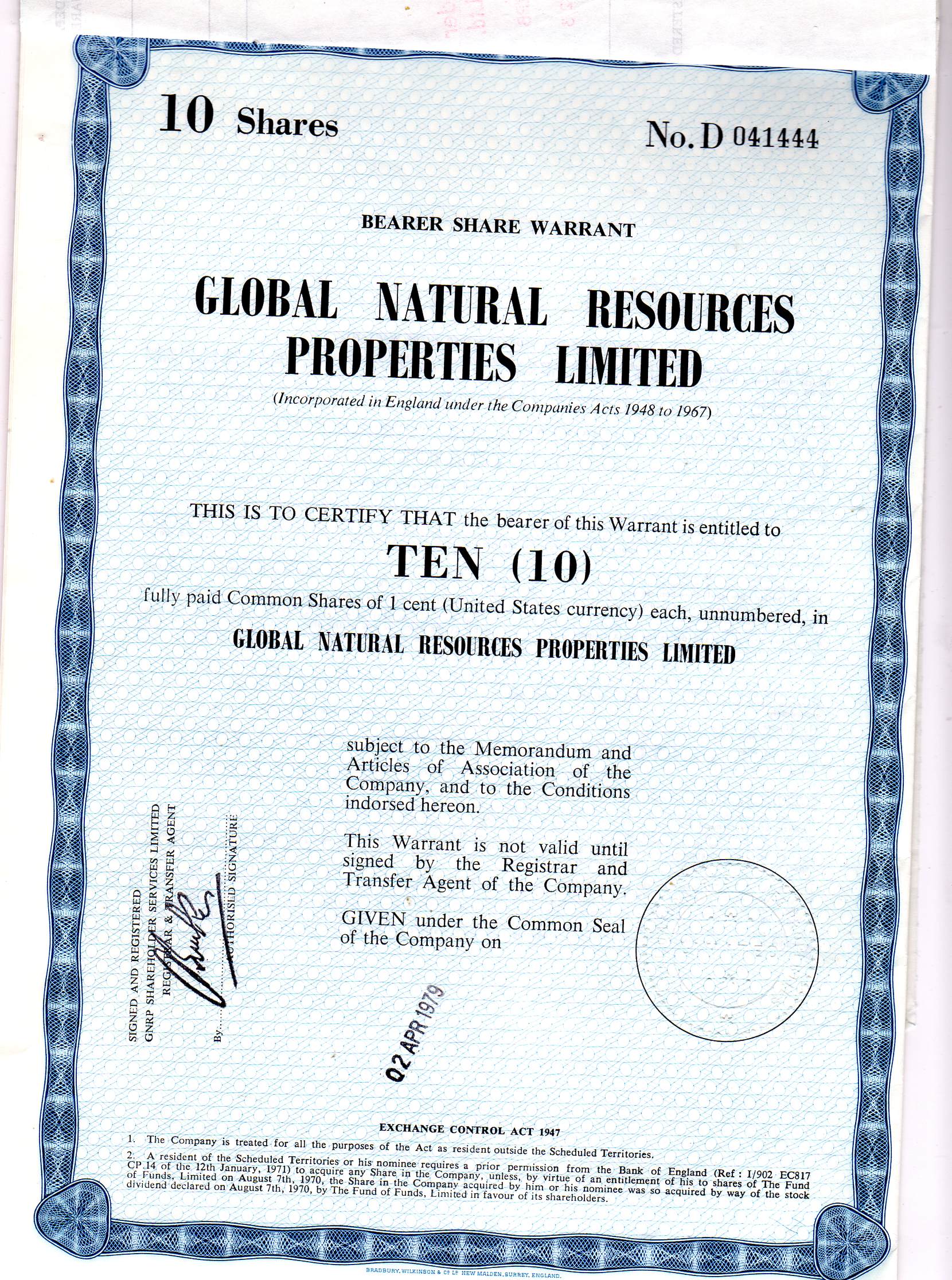 Global natural resources 1 cent 1979 70 shares