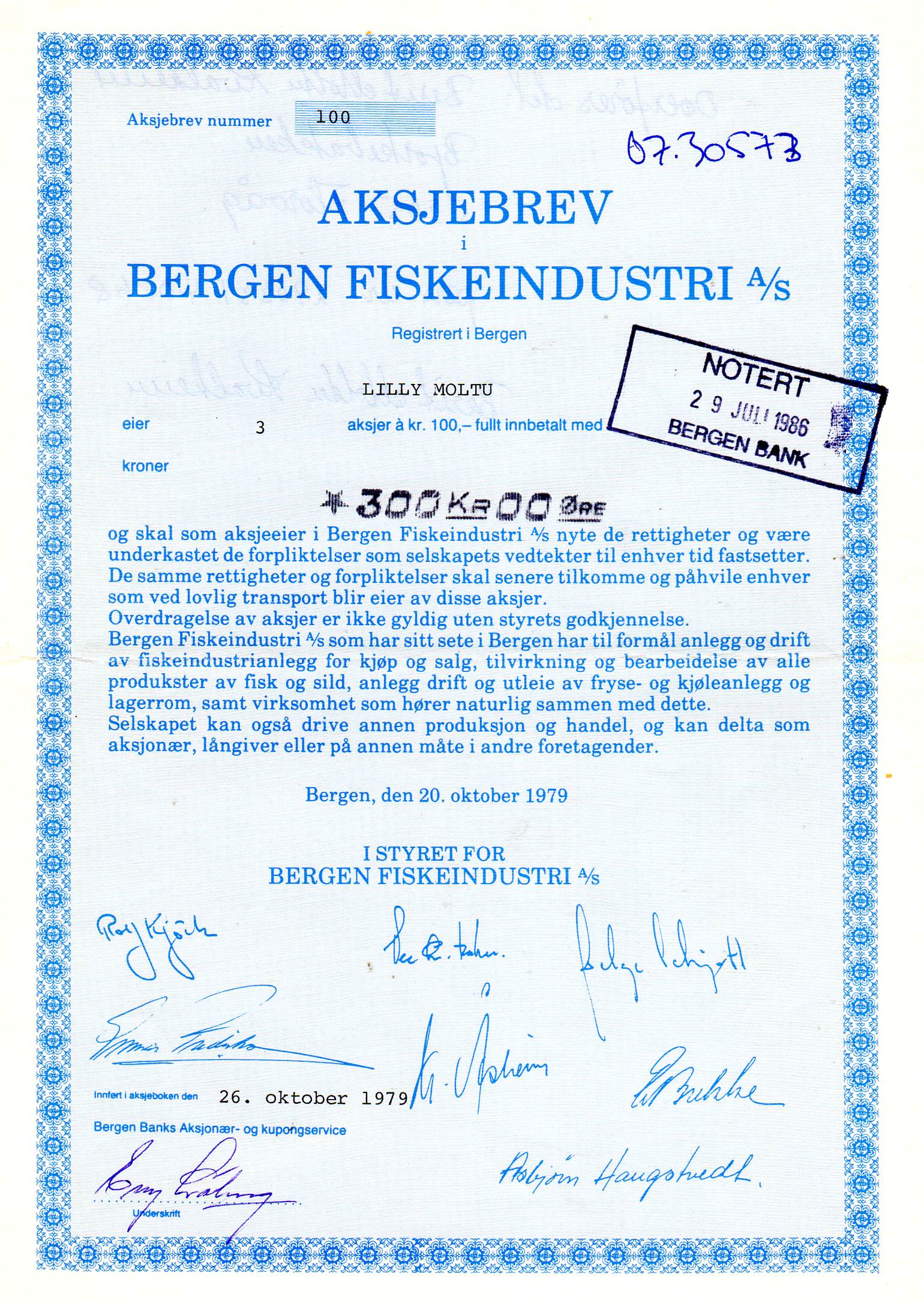 Bergen fiskeindustri Bergen 1979 kr 100 nr 100/163/309 pris pr stk