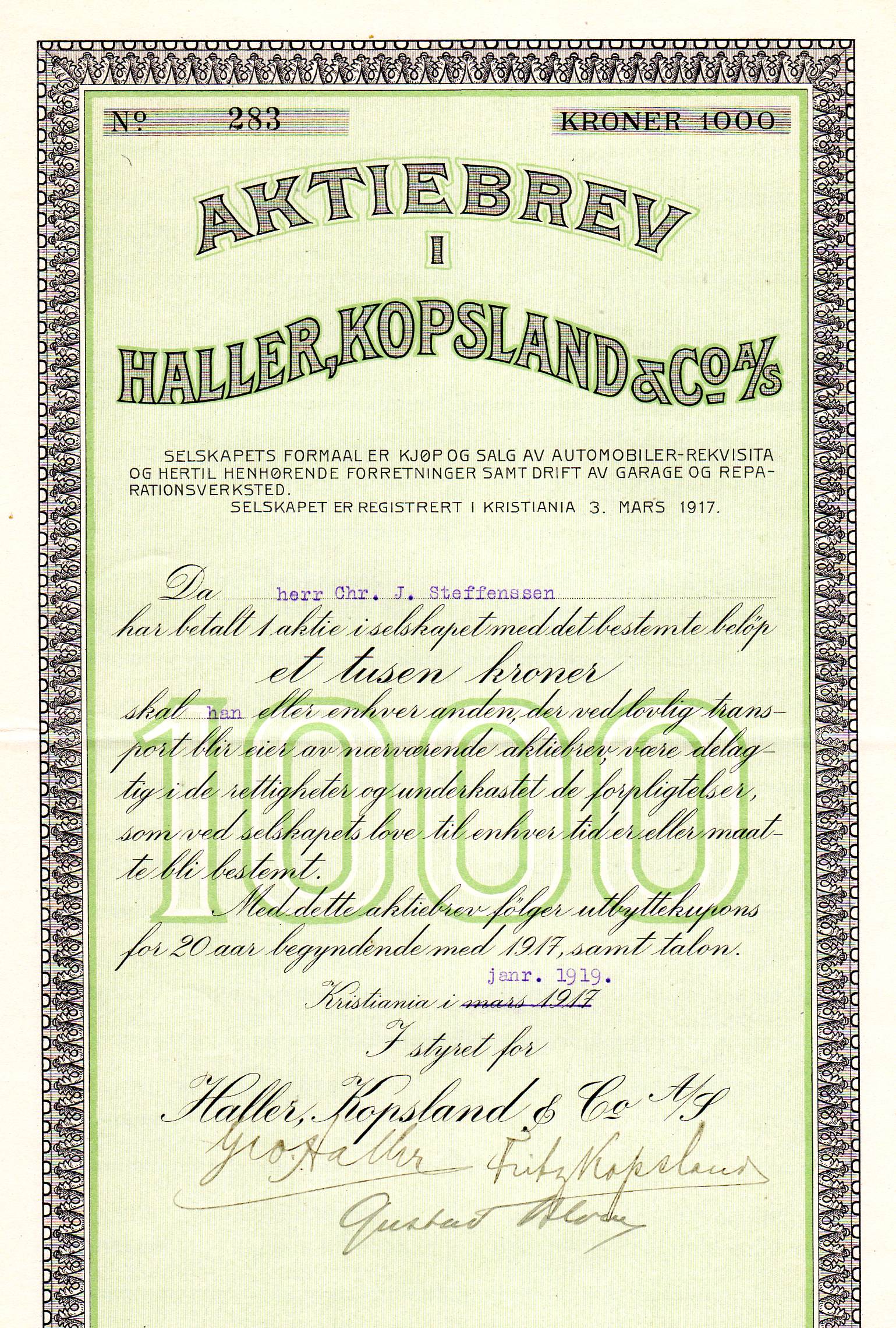Aktiebrev i Haller,Kopsland&co kr 1000 no283 1919 kristiania