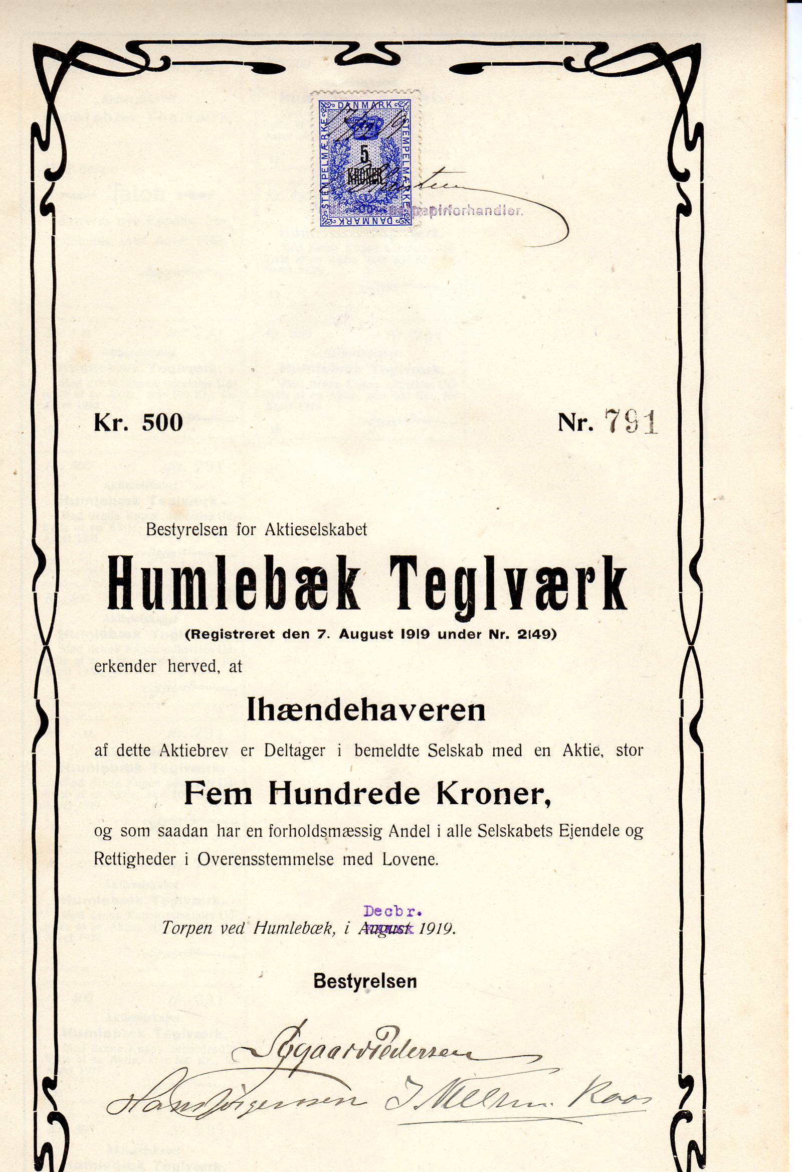 Humlebæk teglværk kr 500 Torpen 1919 nr 792/791/634/936 pris pr stk