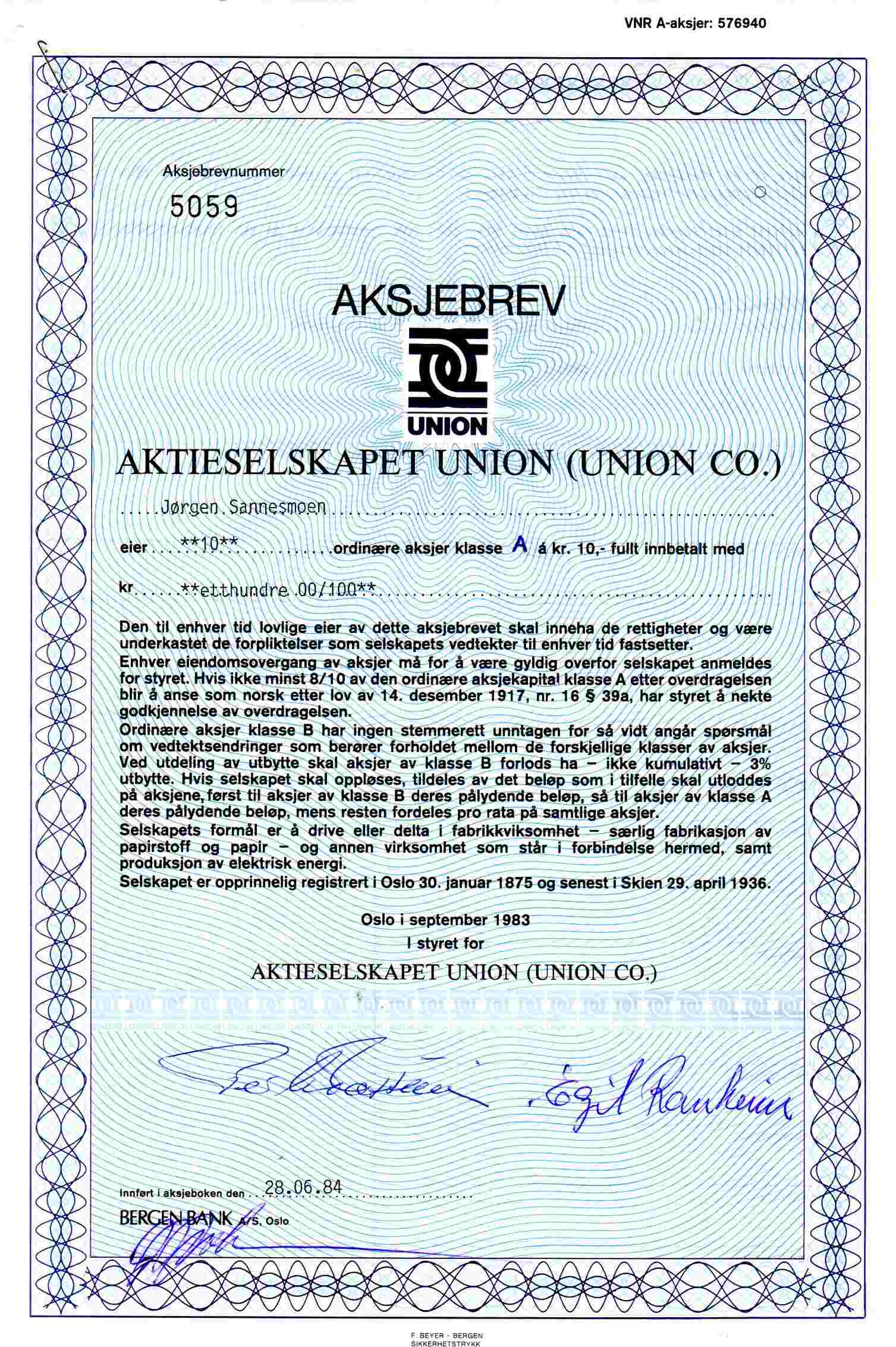 Union nr5059/5117 kr10 Oslo 1983 pris pr stk