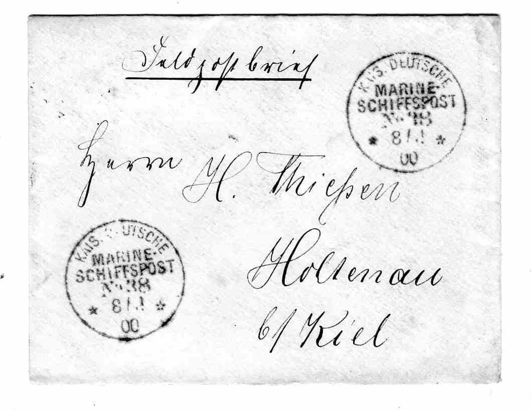 China Feltpostbrev til Tyskland år 1900 oppgitt å være fra skipet S/S Gelfion