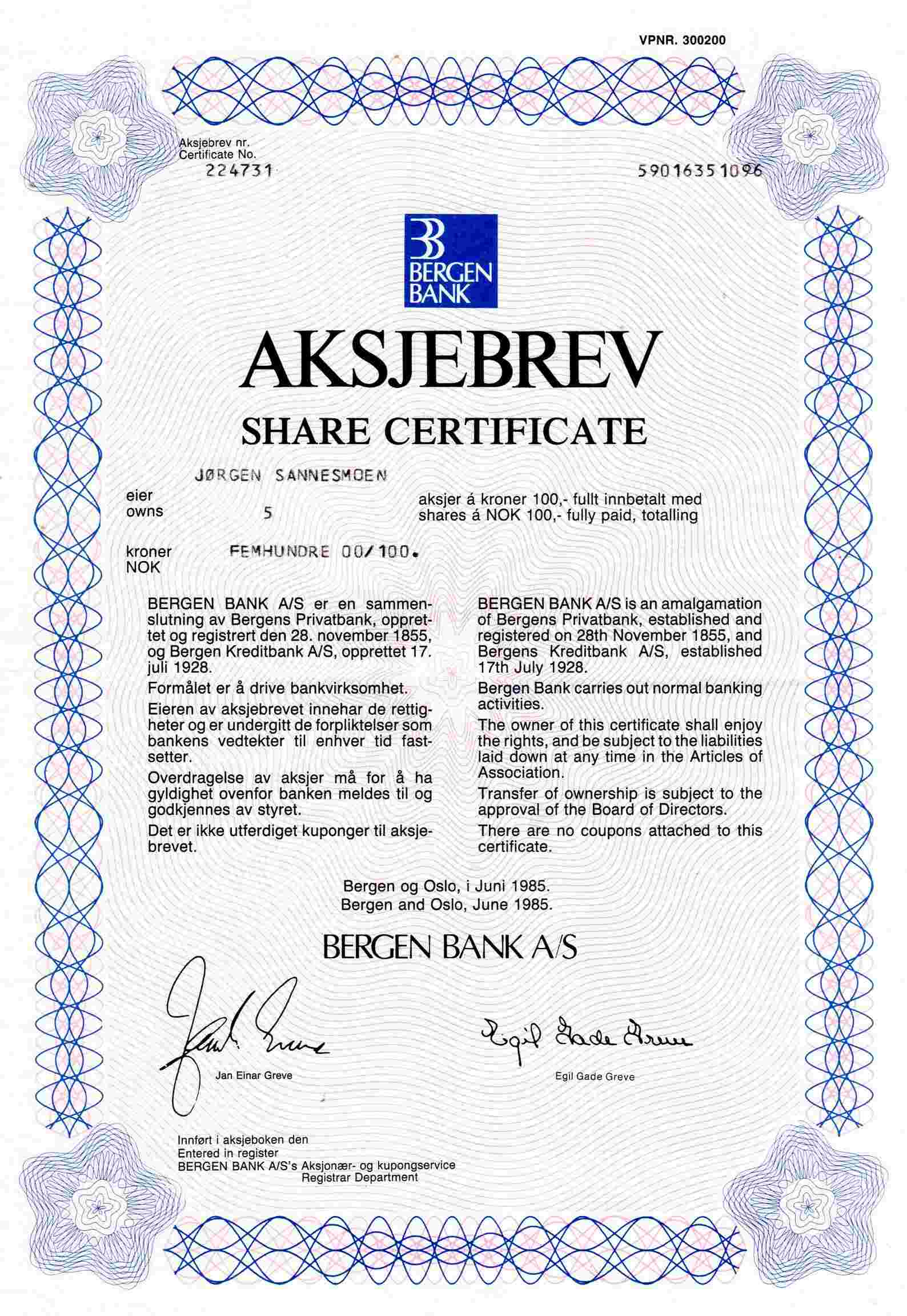 Aksjebrev Bergen bank kr 2500/2000/500 pris pr stk B&O 1983&1985